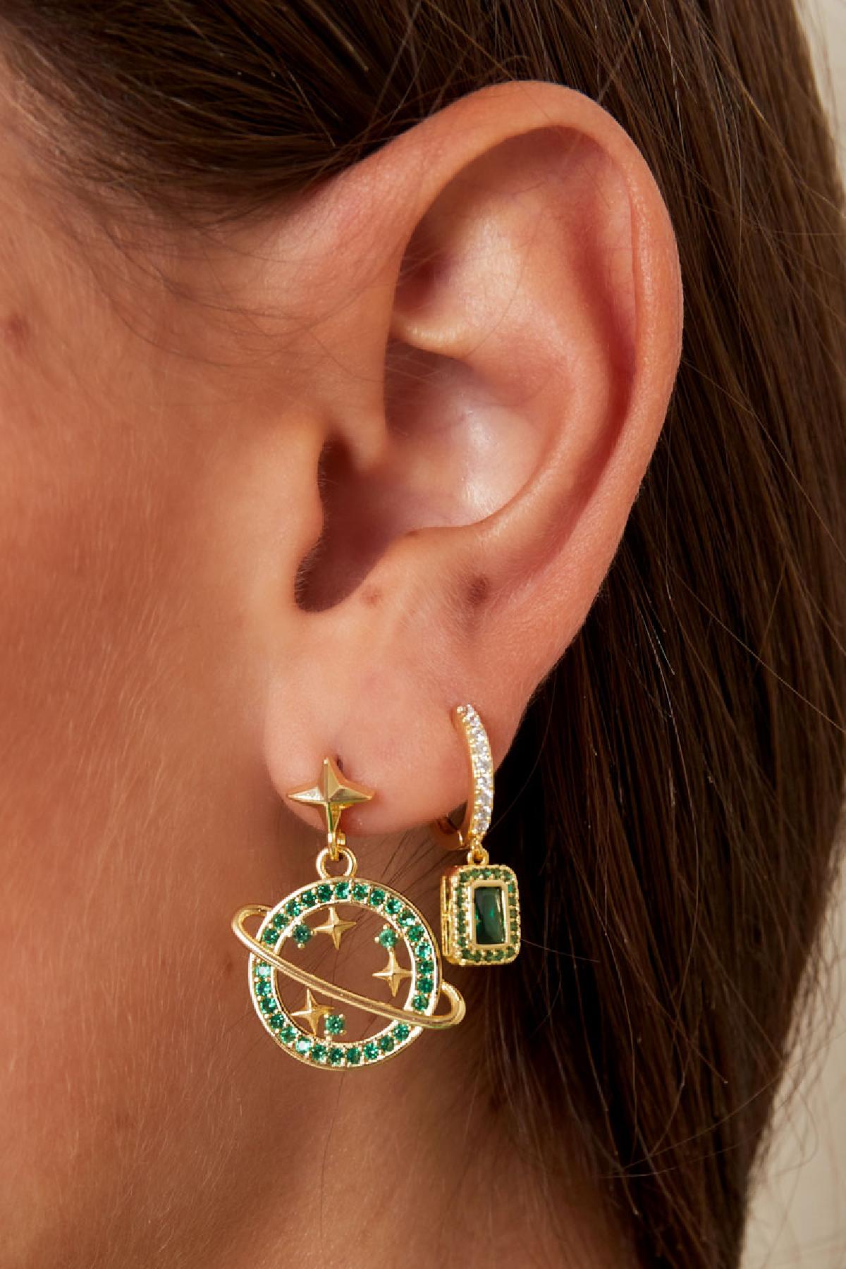 The Edit - Gold Tone Sparkle Planet Earrings in Green