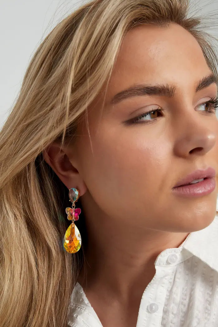 The Edit - Iridescent Butterfly Drop Earrings in Green & Peach