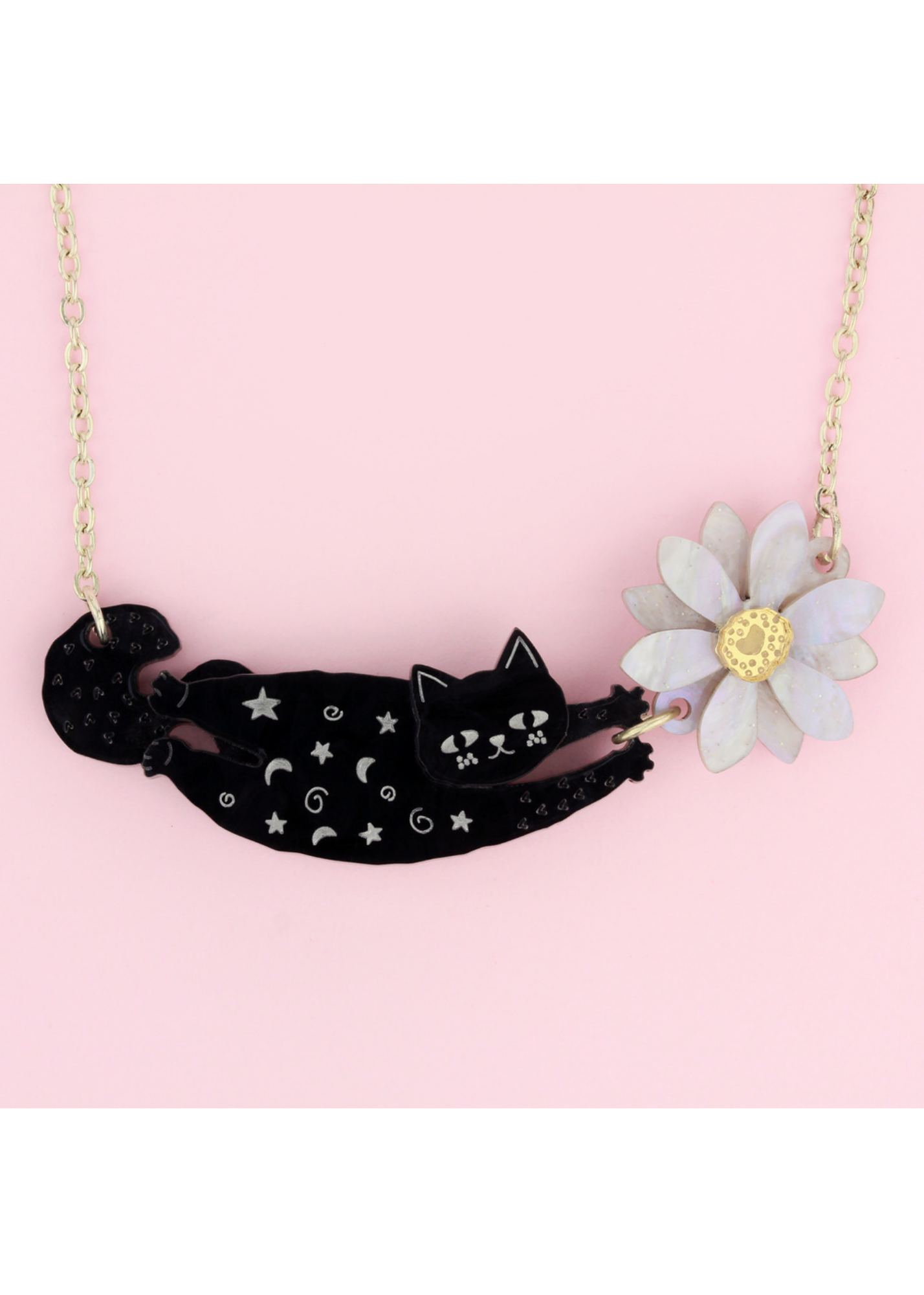 Little Moose - Black Doodle Cat & Flower Necklace