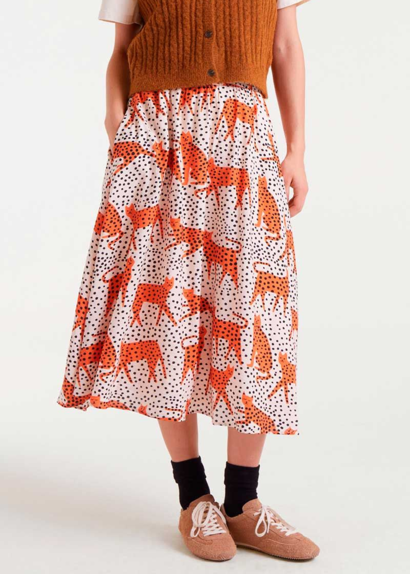 Compañia Fantastica - Cream and Black Spot Leopard Midi Skirt