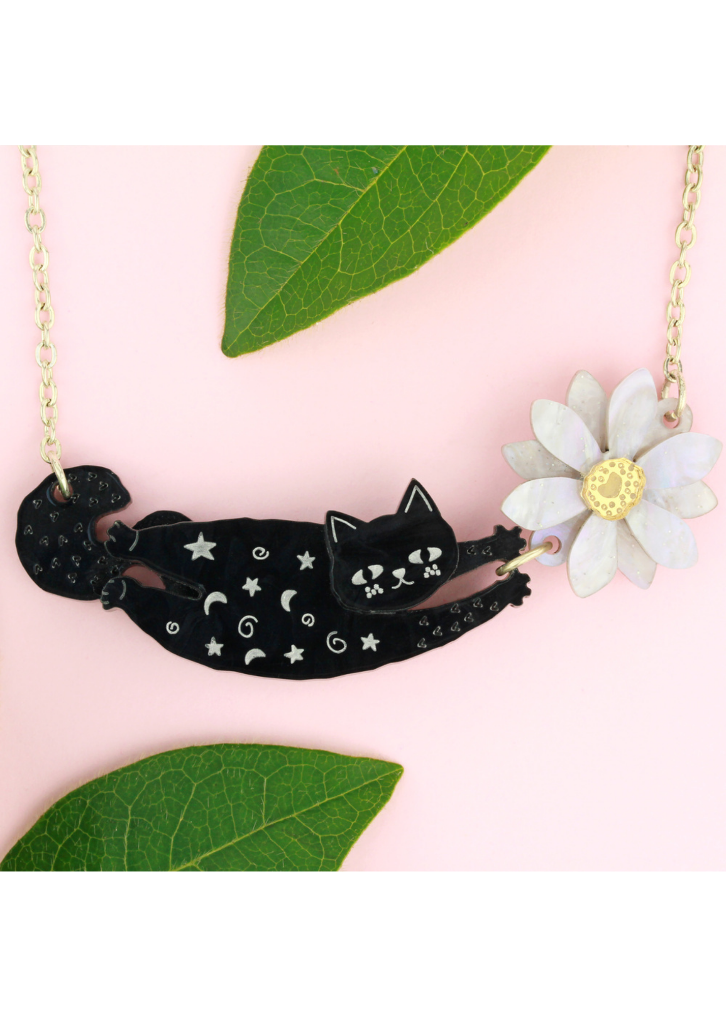 Little Moose - Black Doodle Cat & Flower Necklace