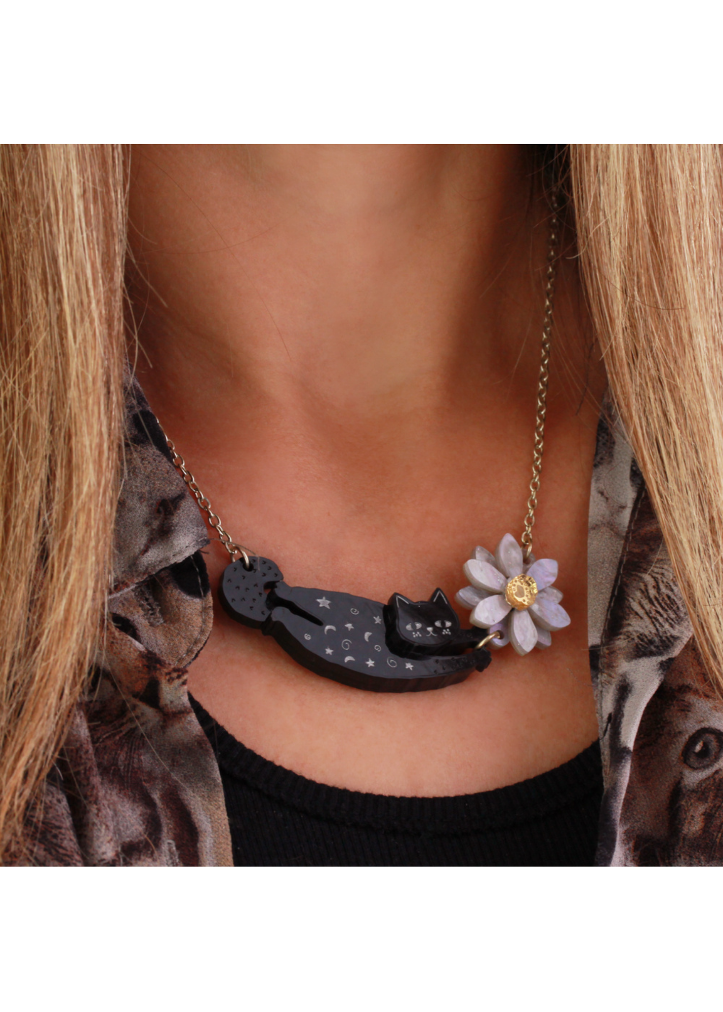Little Moose - Black Doodle Cat & Flower Necklace