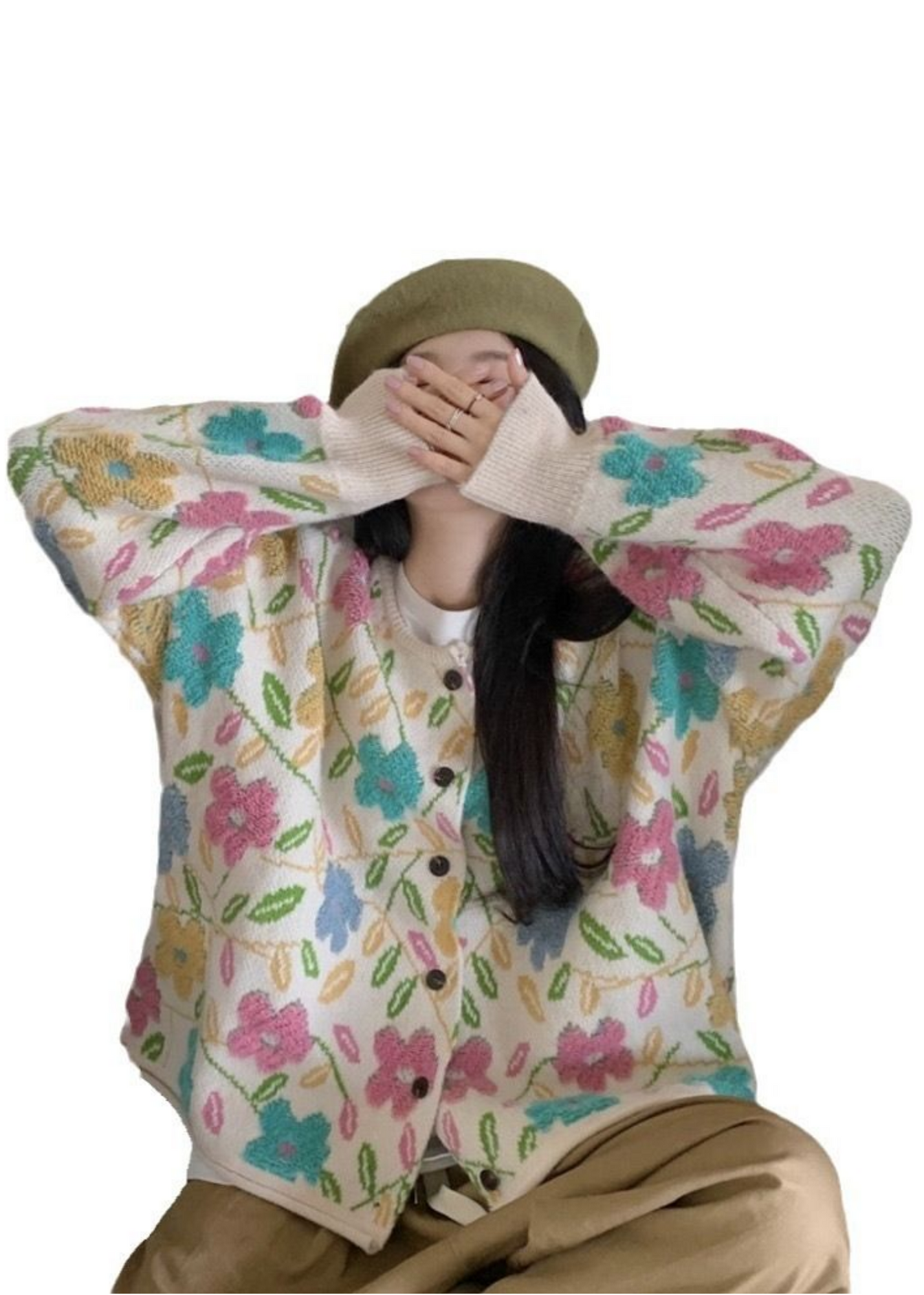 The Edit - Oversized Colourful Daisy Knit Cardigan in Cream