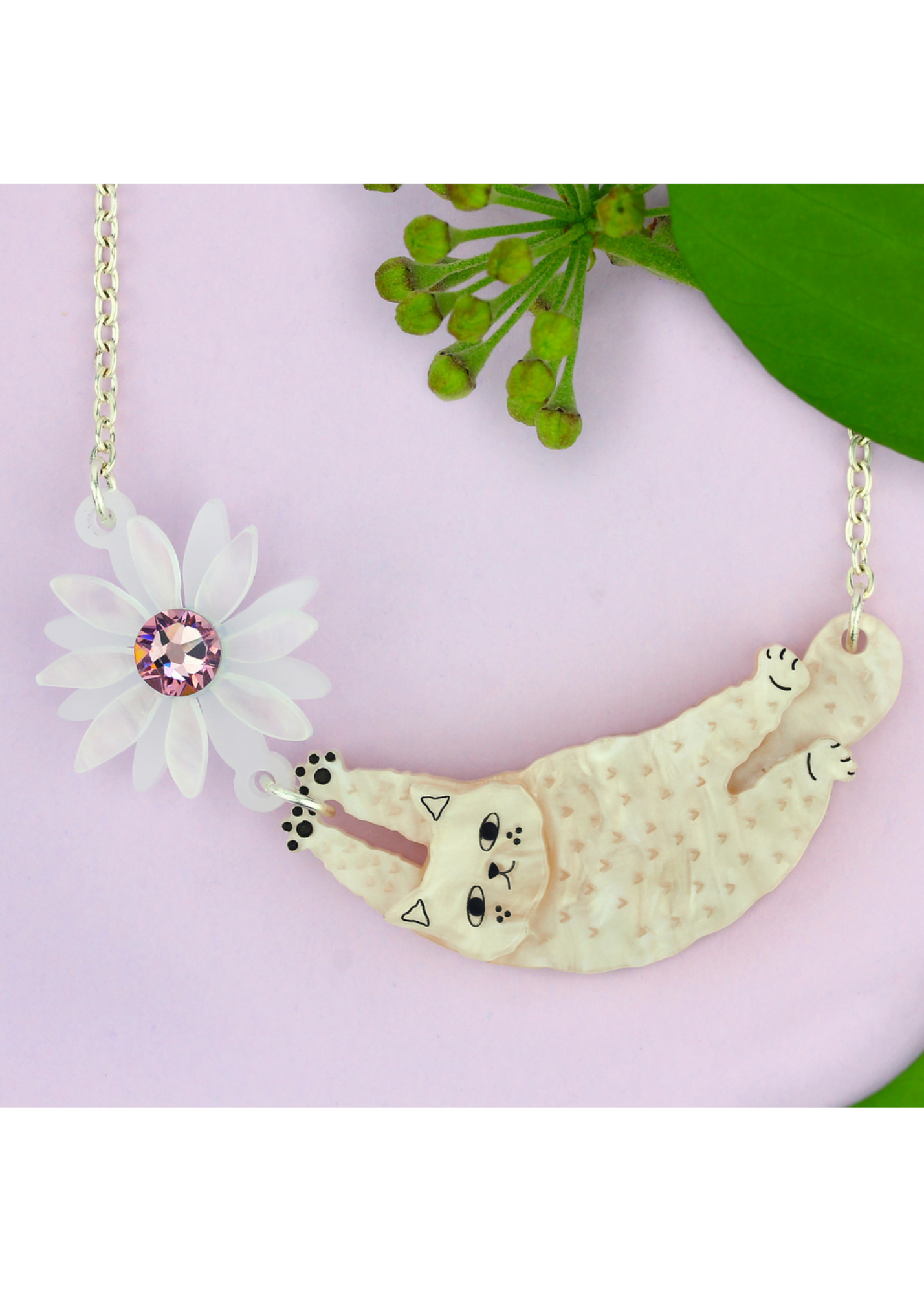Little Moose - Cream Doodle Cat & Flower Necklace