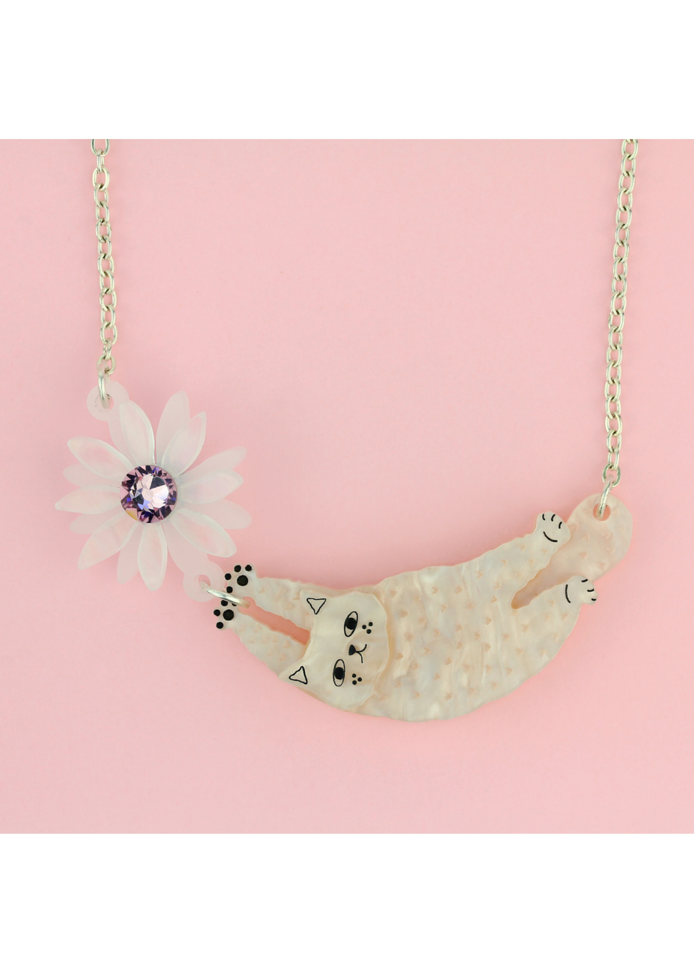 Little Moose - Cream Doodle Cat & Flower Necklace