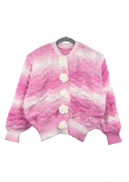 The Edit- Chunky Knit Rose Button Cardigan in Pink