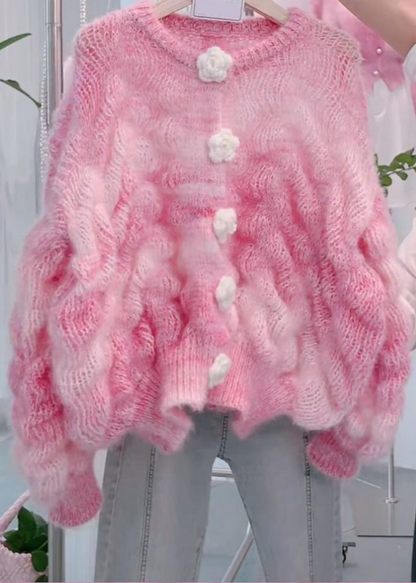 The Edit- Chunky Knit Rose Button Cardigan in Pink