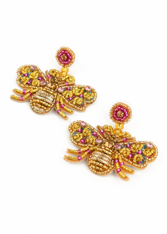 My Doris - Beaded Bee Earrings in Gold and Pink