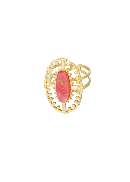 The Edit - Vintage Style Oblong Pink Stone Ring in Gold