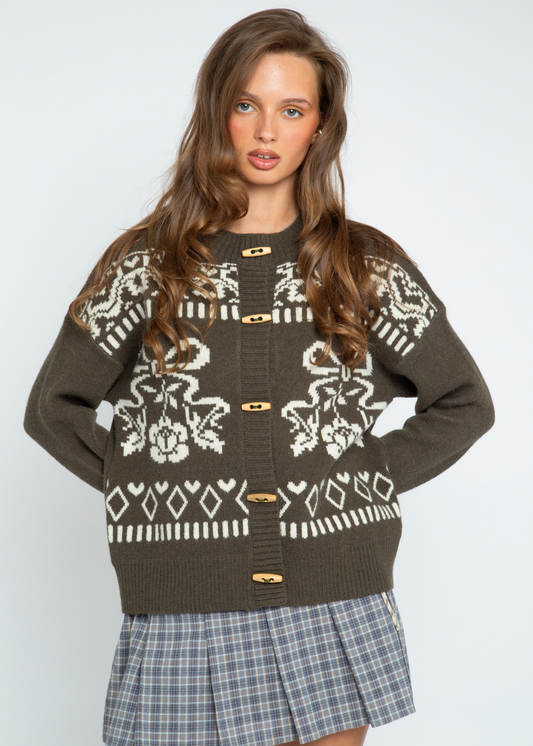 Daisy Street - Khaki Fair Isle Toggle Cardigan