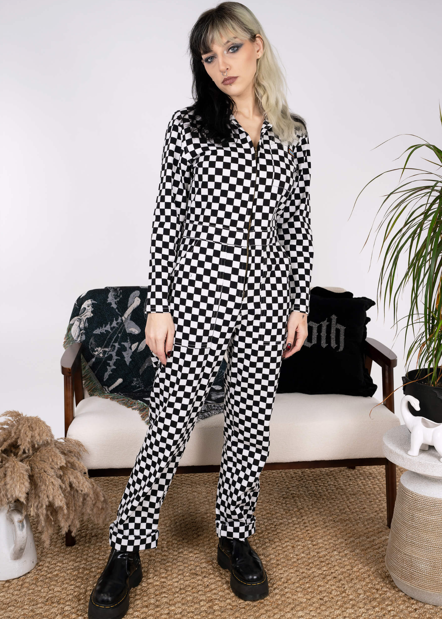 Run & Fly - Black & White Checkerboard Stretch Twill Boiler Suit