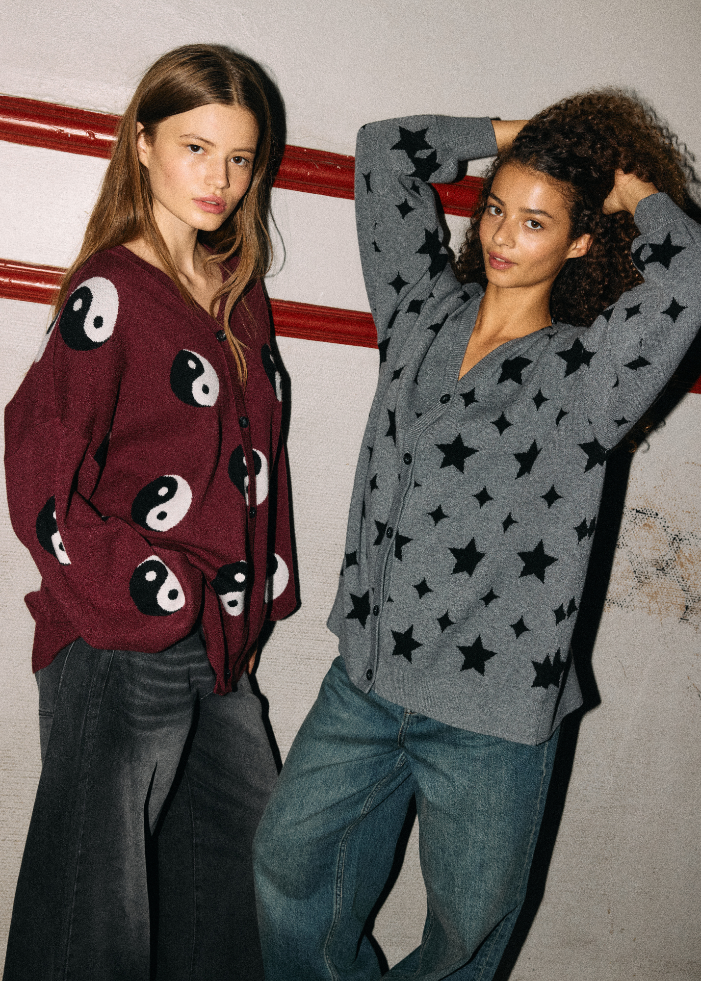 Noisy May - Burgundy Yin Yang Oversized Knit Cardigan