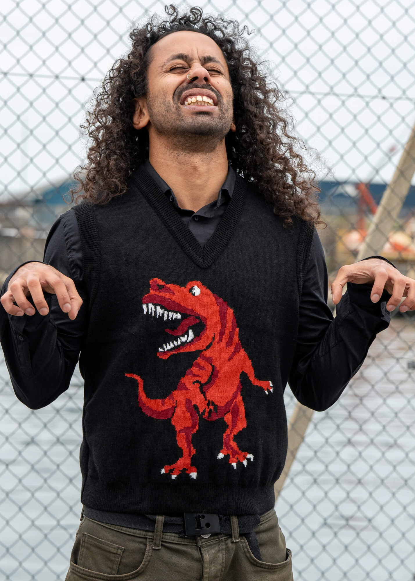Run & Fly - Red Dino V-Neck Knitted Tank Top Vest