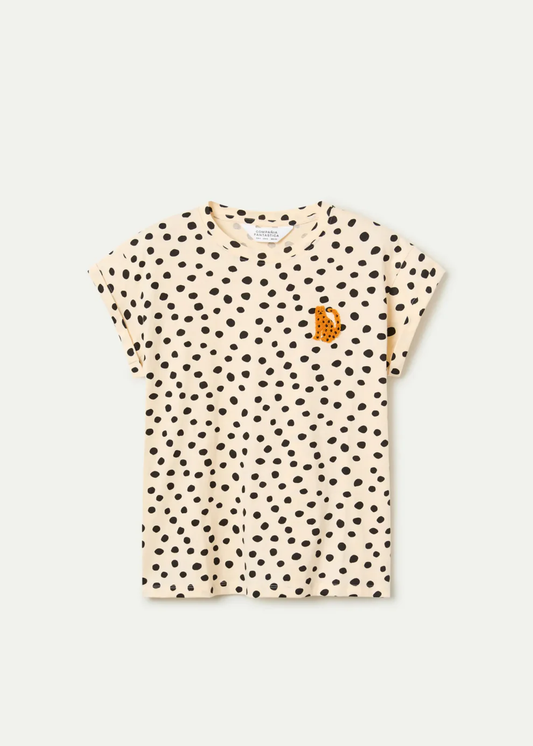 Compañia Fantastica -  Cream & Black Spot Tee with Flocked Leopard