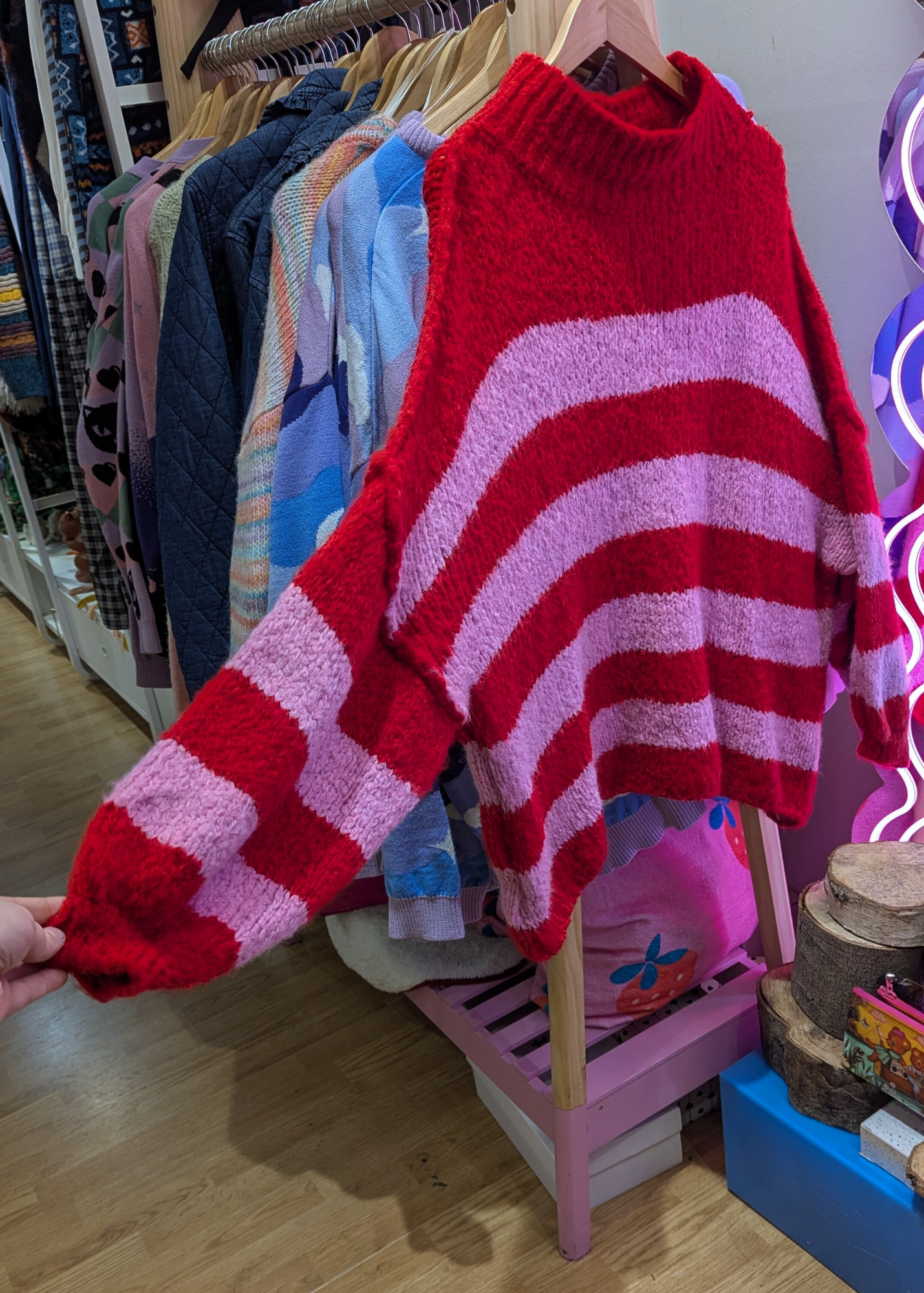 The Edit - Oversized Pink & Red Knitted Stripe Jumper with Exposed Seams
