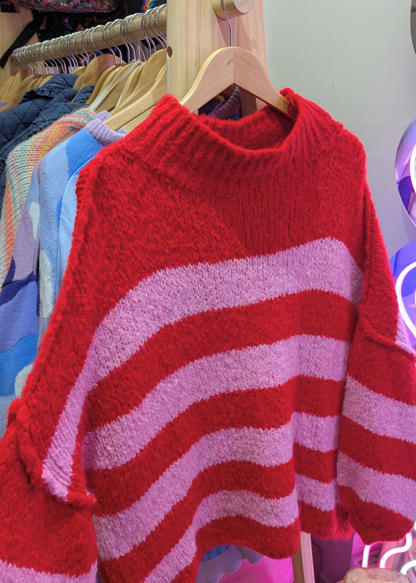 The Edit - Oversized Pink & Red Knitted Stripe Jumper with Exposed Seams