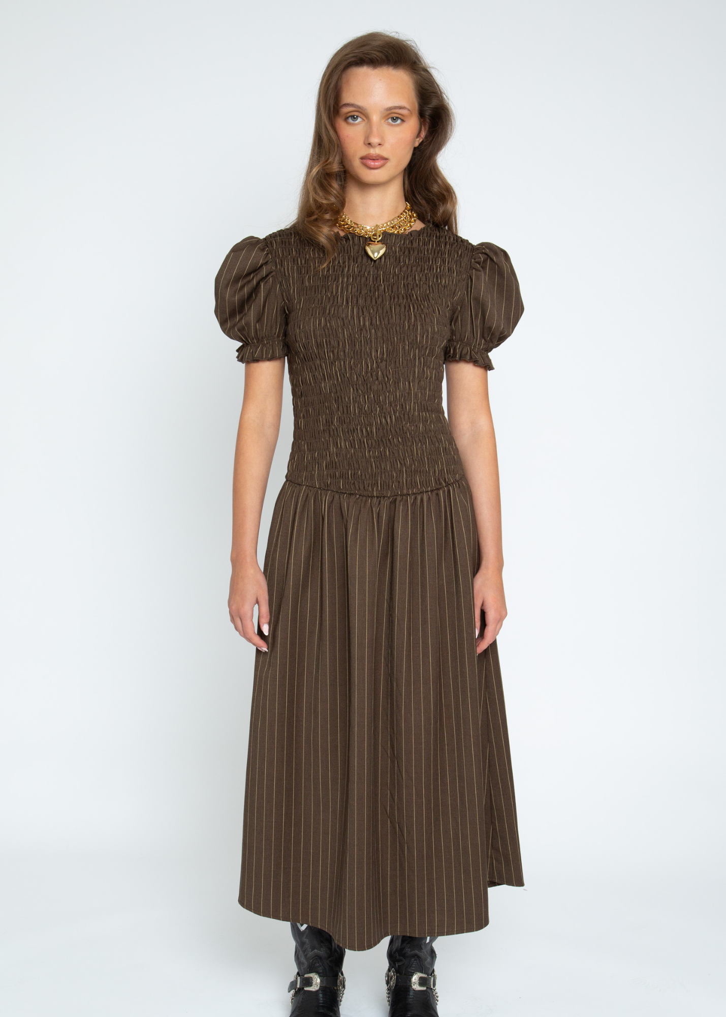 Daisy Street - Brûlée Brown Shirred Midaxi Dress