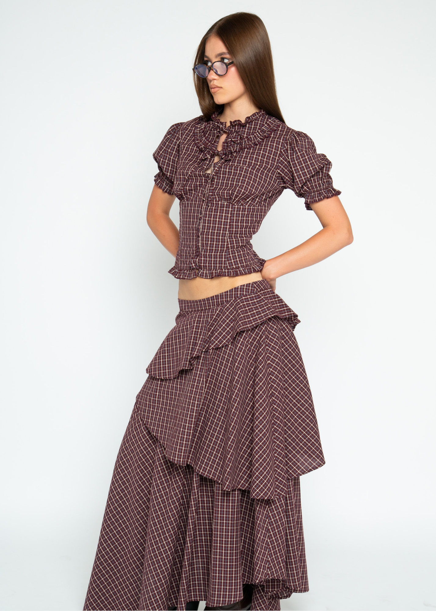 Daisy Street - Sloe Burgundy Checked Blouse