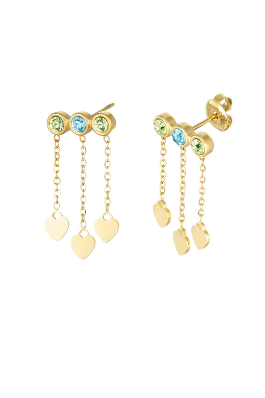 The Edit-  Blue and Green Sparkle Earrings with Drop Hearts