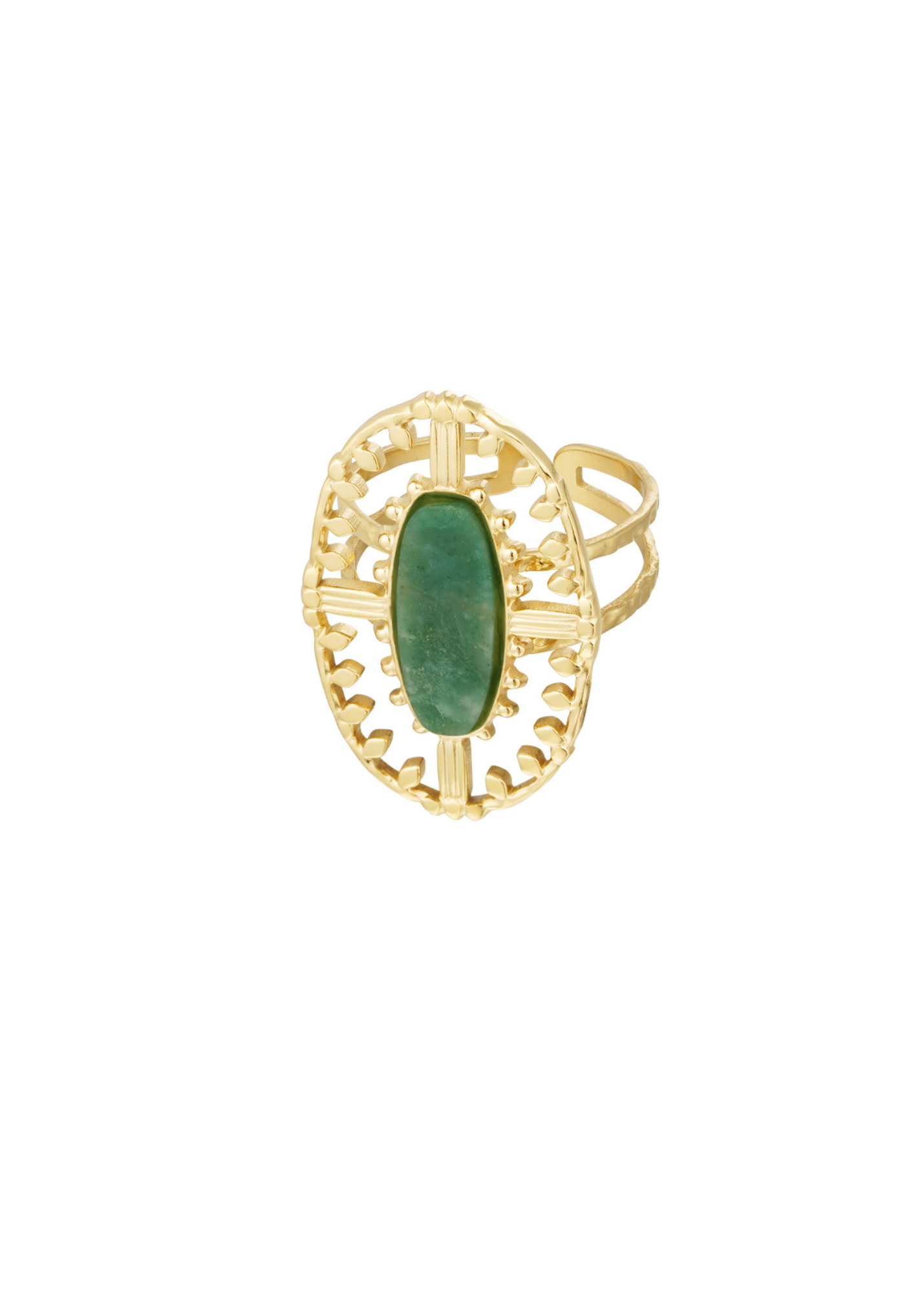 The Edit - Vintage Style Oblong Green Stone Ring in Gold