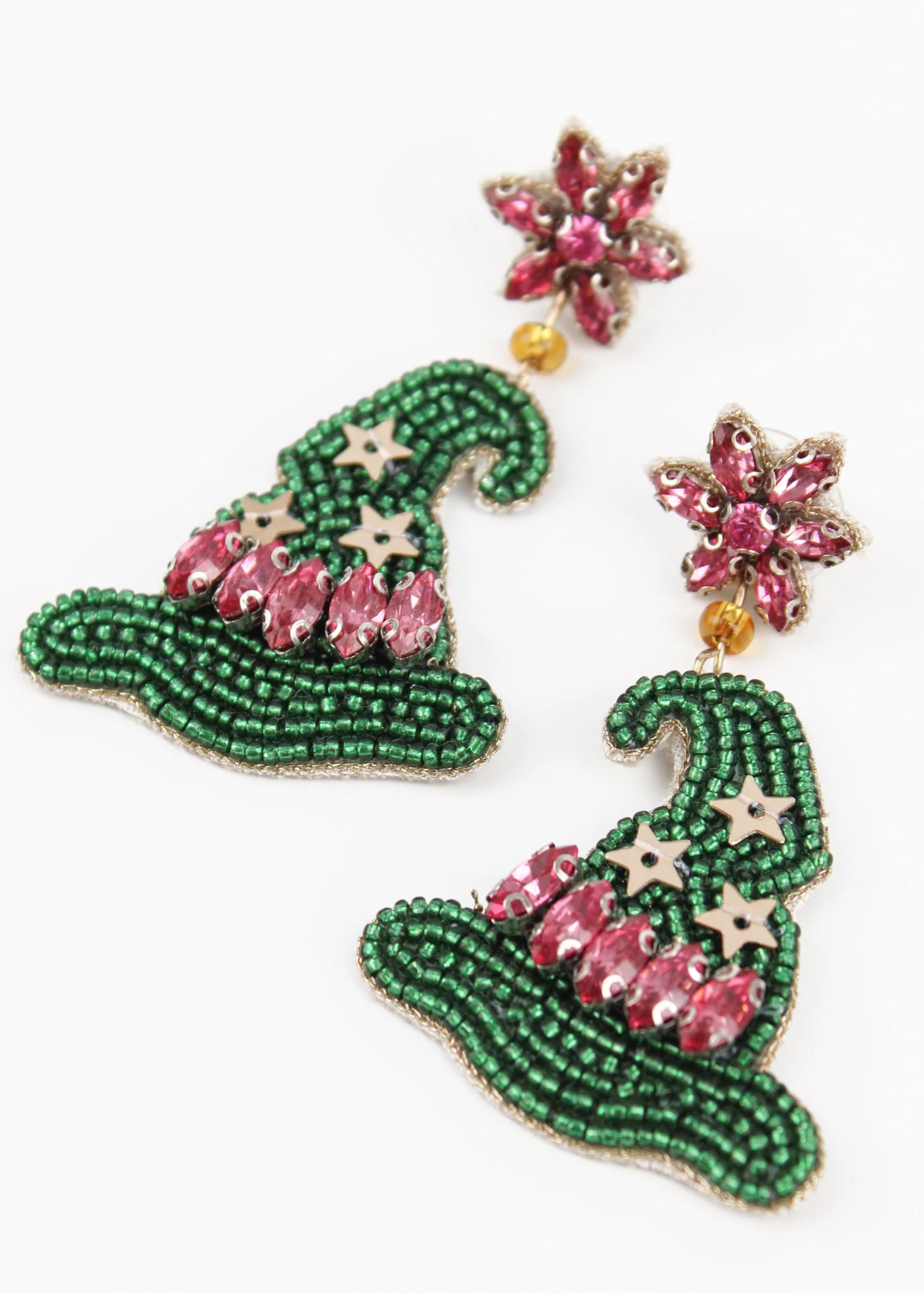 My Doris - Beaded Green and Pink Witches Hat Earrings