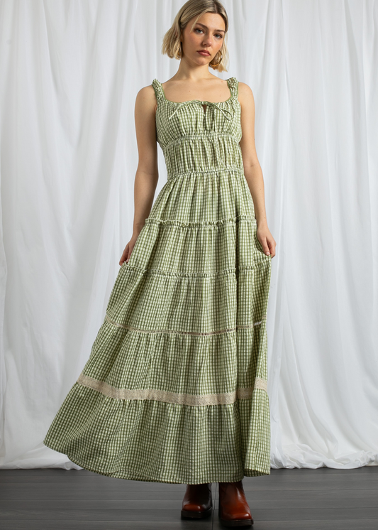 Daisy Street - Gingham Green Tiered Milkmaid Maxi Dress