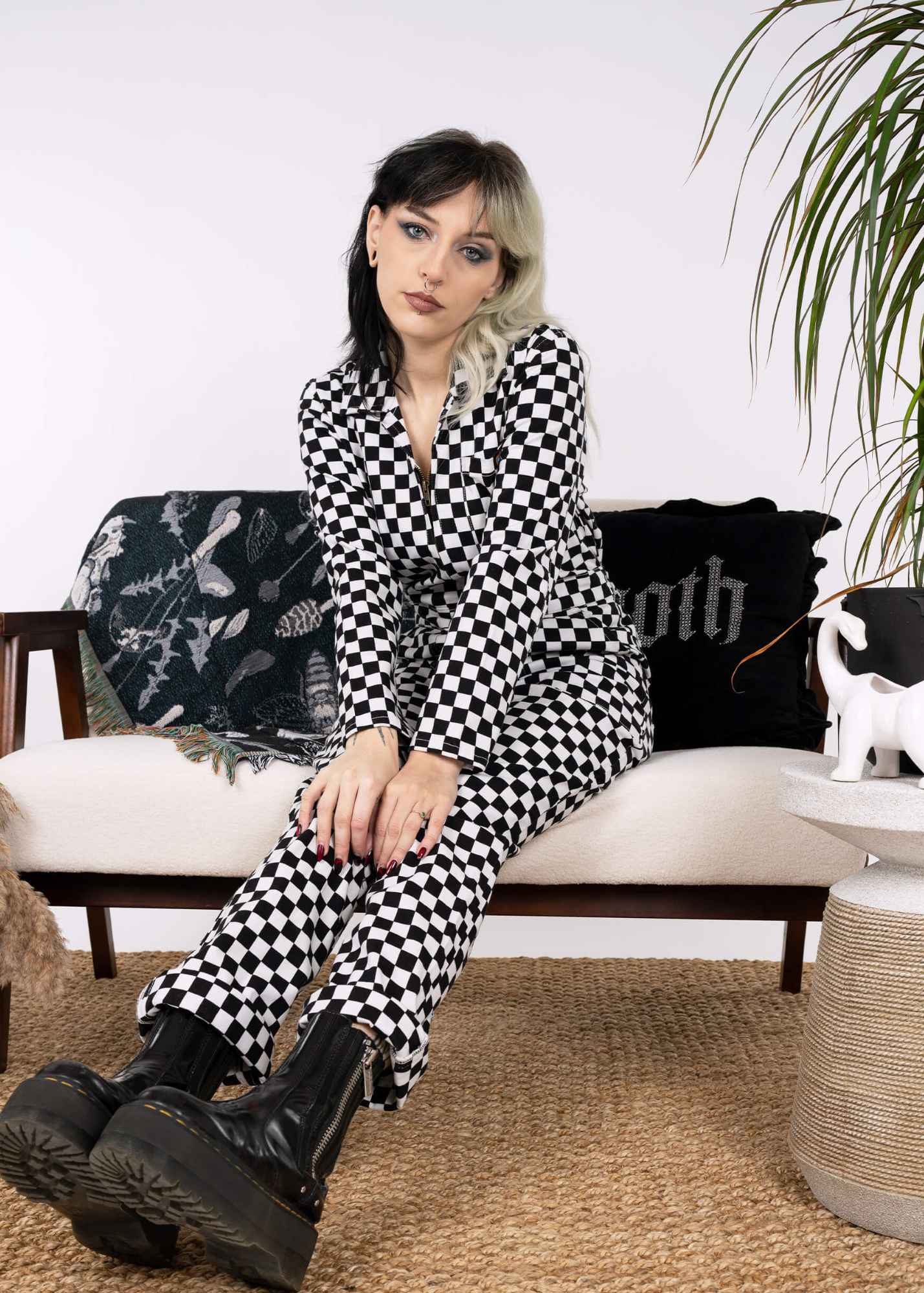 Run & Fly - Black & White Checkerboard Stretch Twill Boiler Suit