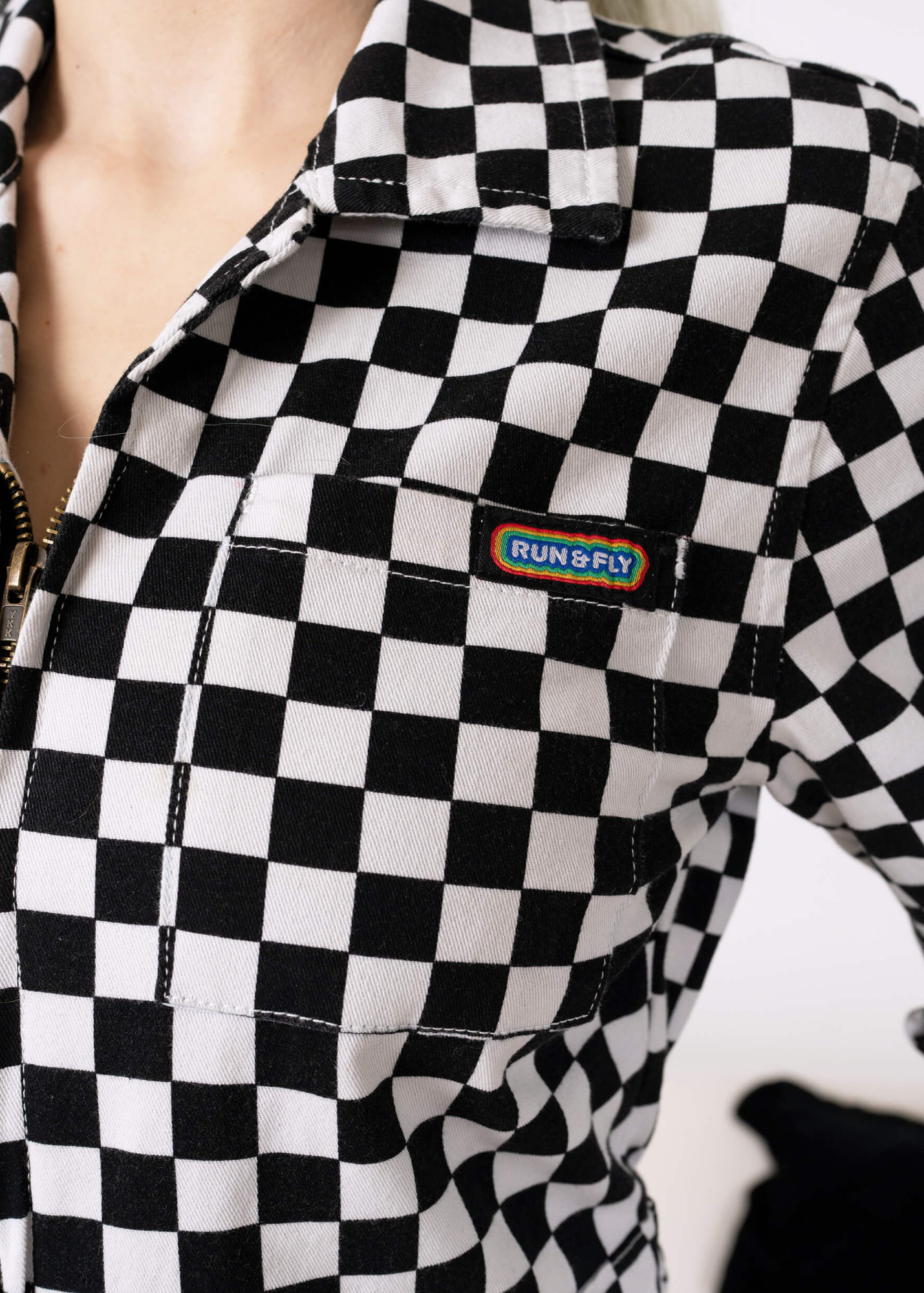 Run & Fly - Black & White Checkerboard Stretch Twill Boiler Suit
