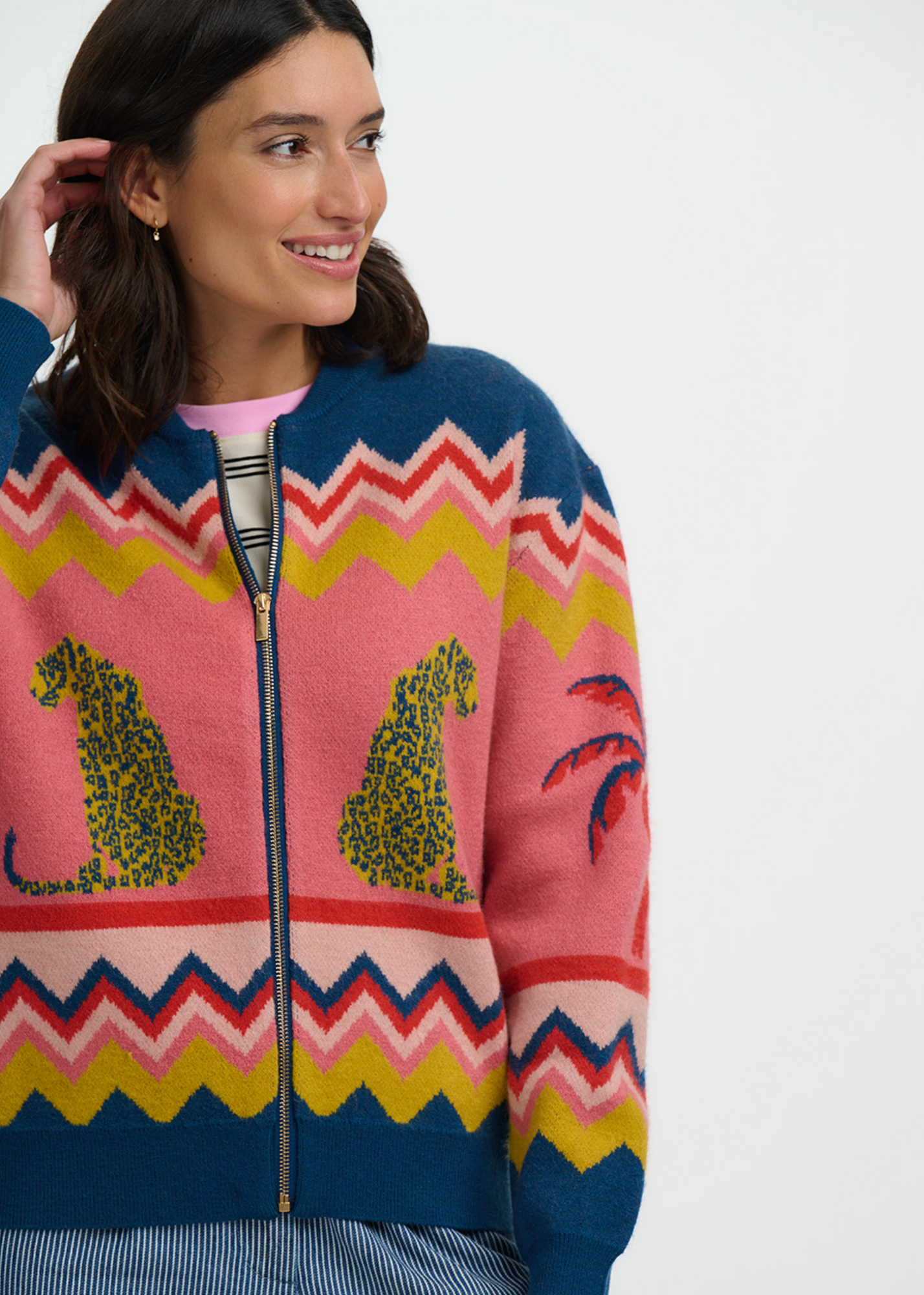 Sugarhill Brighton - Solana Leopards and Palms Knitted Bomber Cardigan
