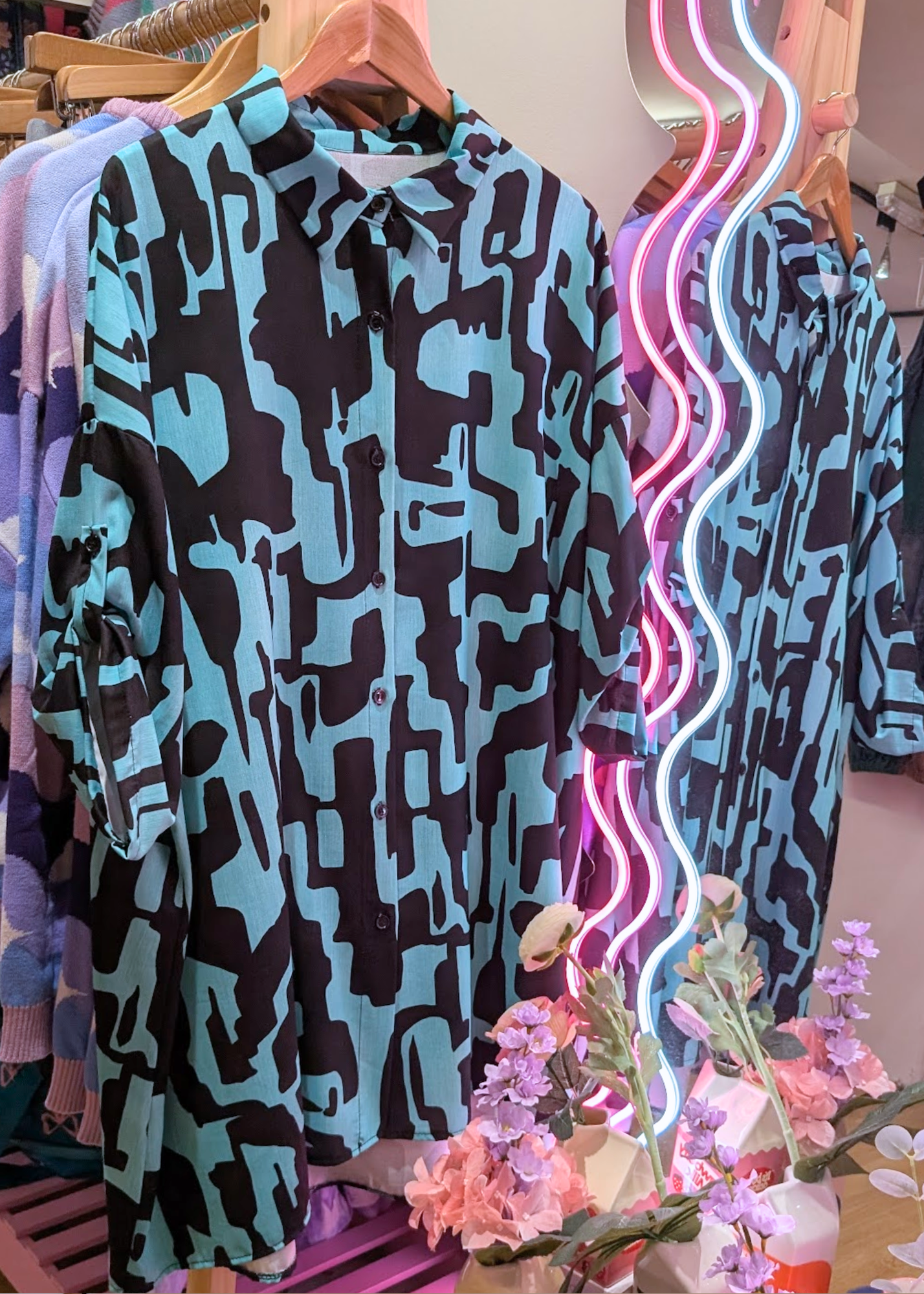 The Edit - Turquoise & Black Abstract Oversized Shirt