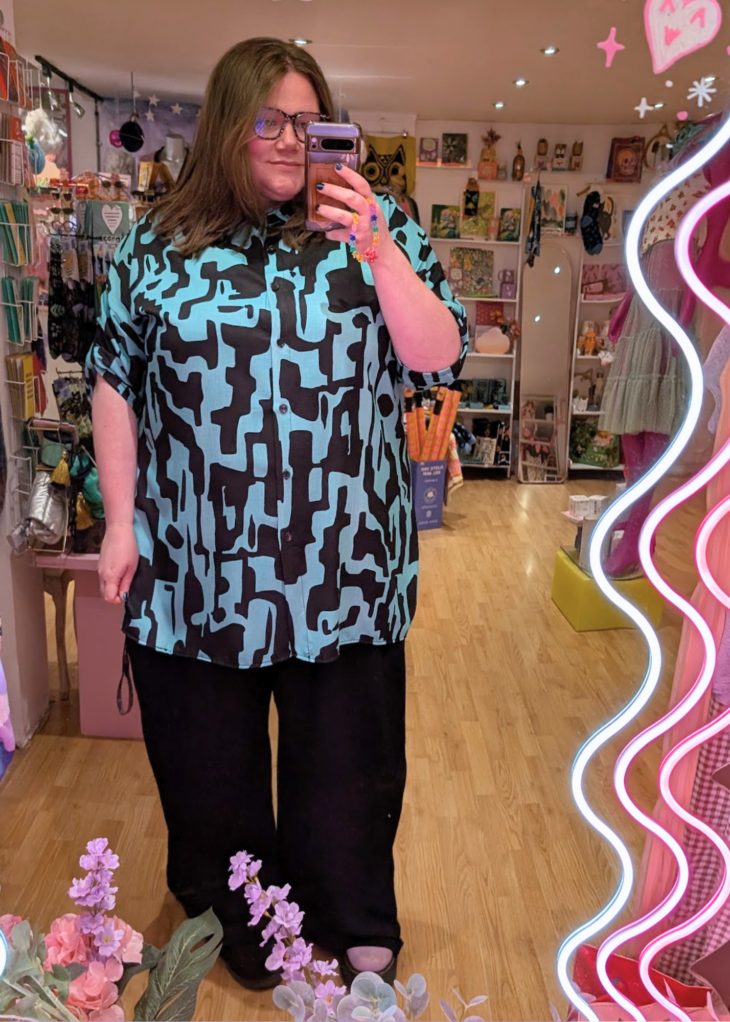 The Edit - Turquoise & Black Abstract Oversized Shirt