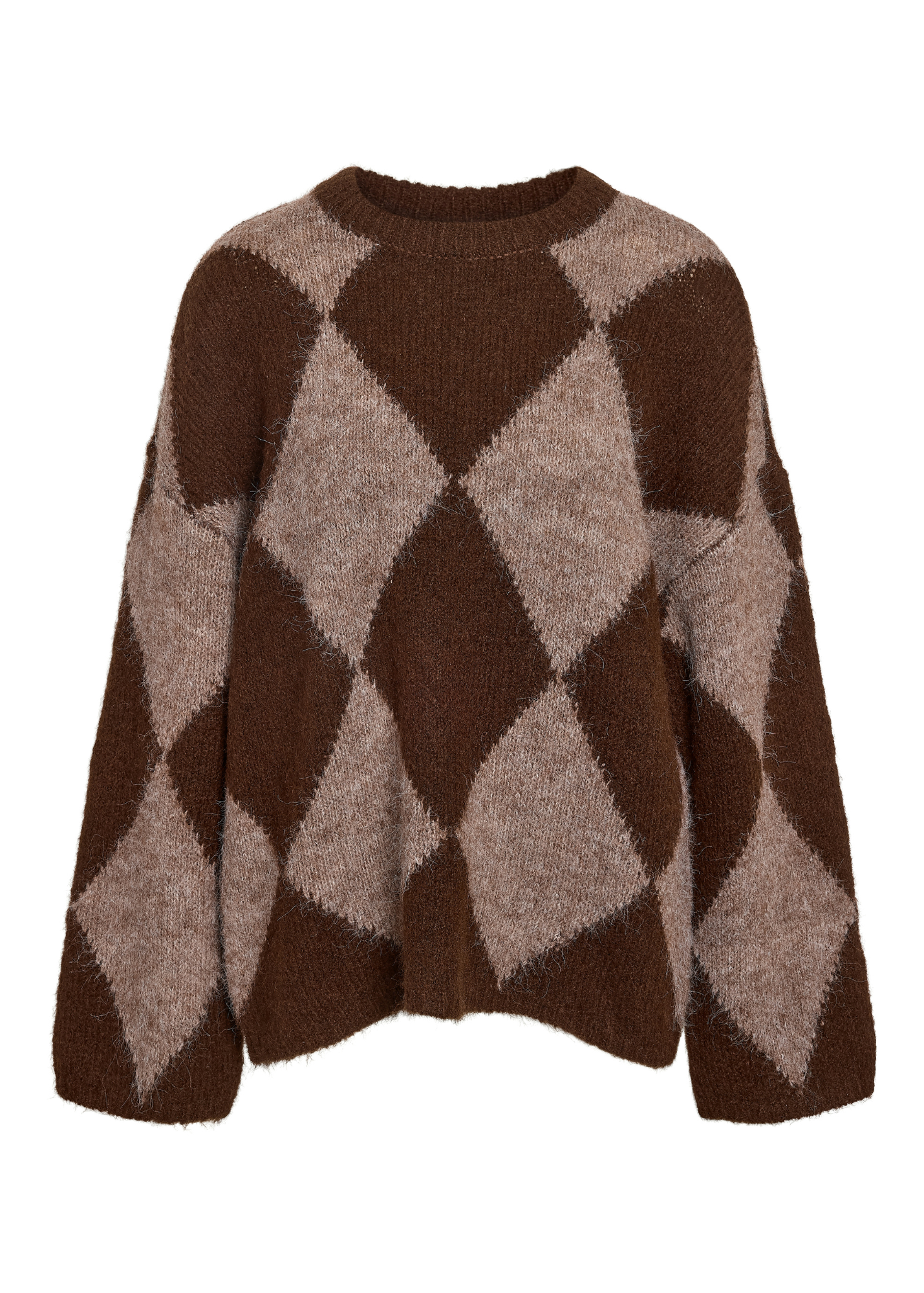Noisy May - Fluffy Knit Brown Argyle Jumper