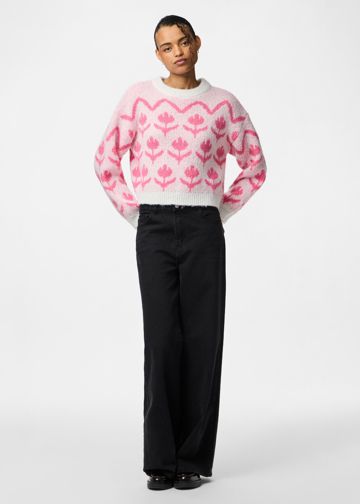 Pieces - Pink Flowers Jacquard Knit Jumper