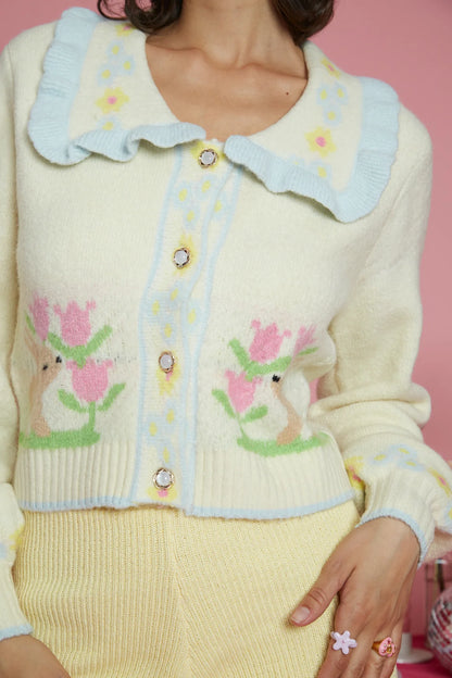 Neon Rose - Cute Collar Knitted Rabbit Cardigan