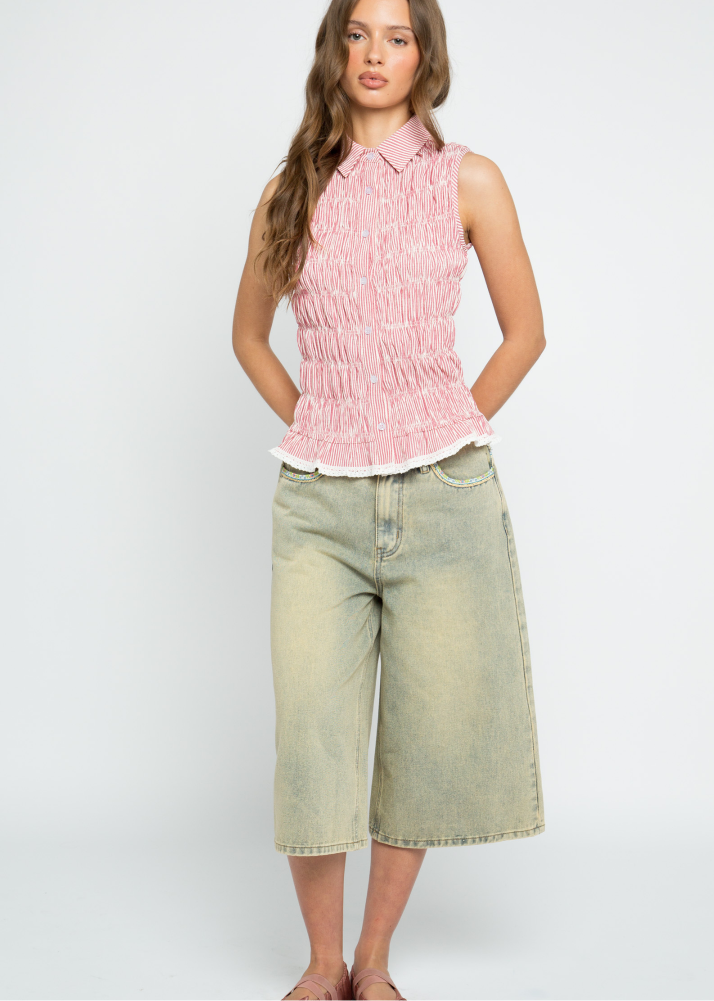 Daisy Street - Junia Red Stripe Shirred Shirt