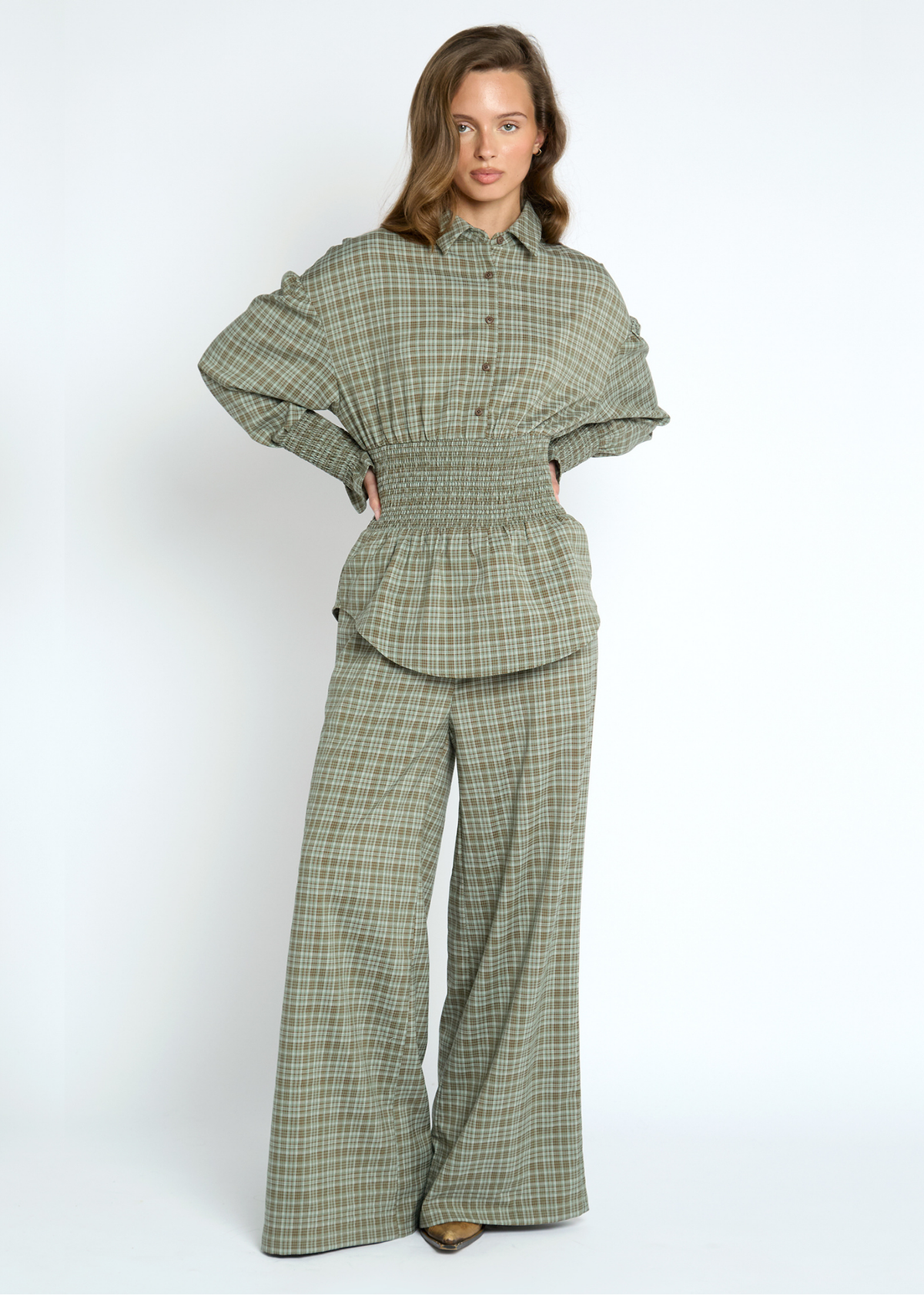Daisy Street - Lore Green Check Wide Leg Trousers
