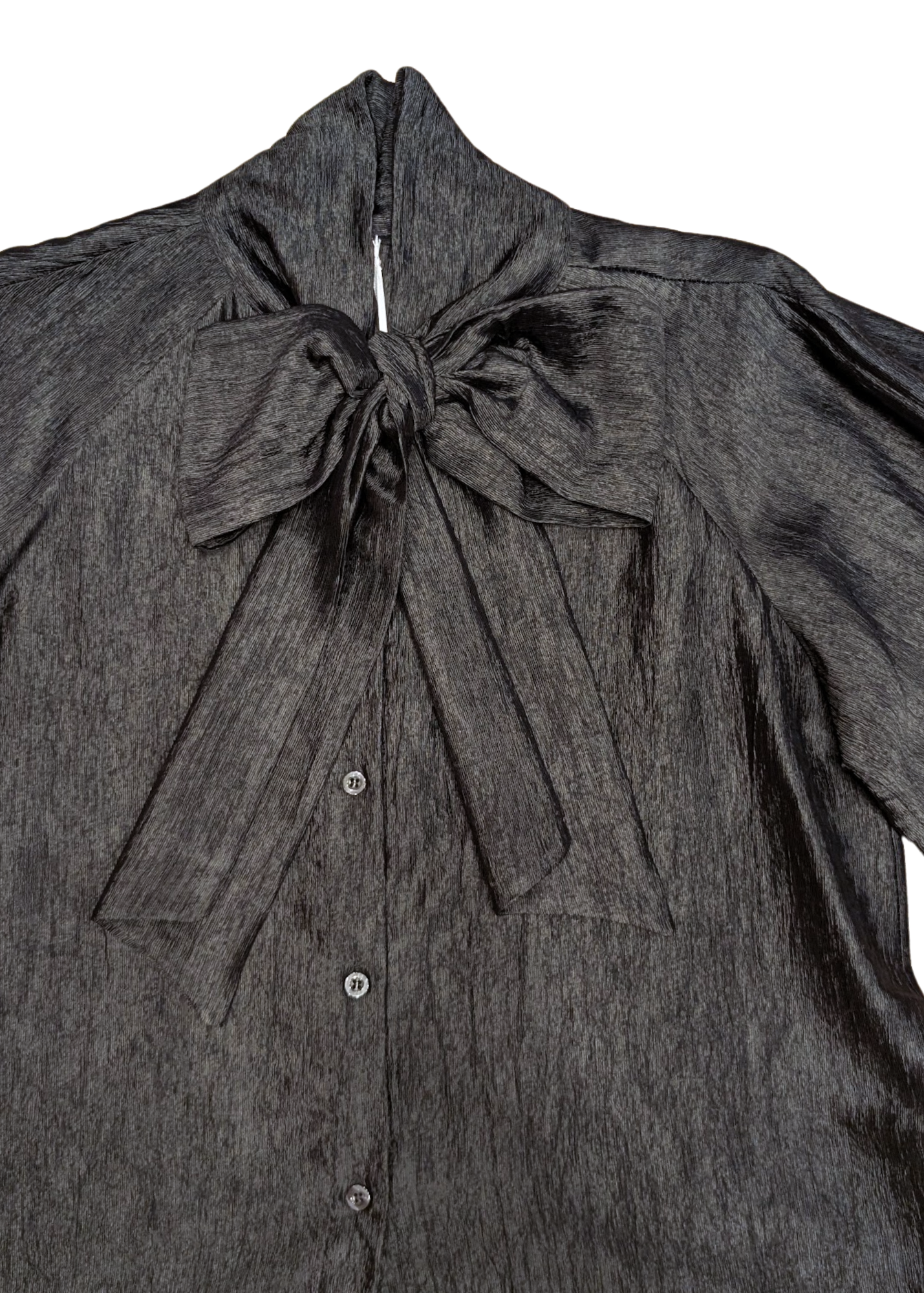 The Edit - Black Crinkle Pussy Bow Top