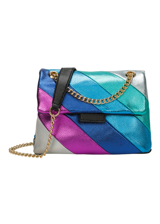 The Edit - Metallic Rainbow Stripe Mini Satchel Bag in Blue & Green