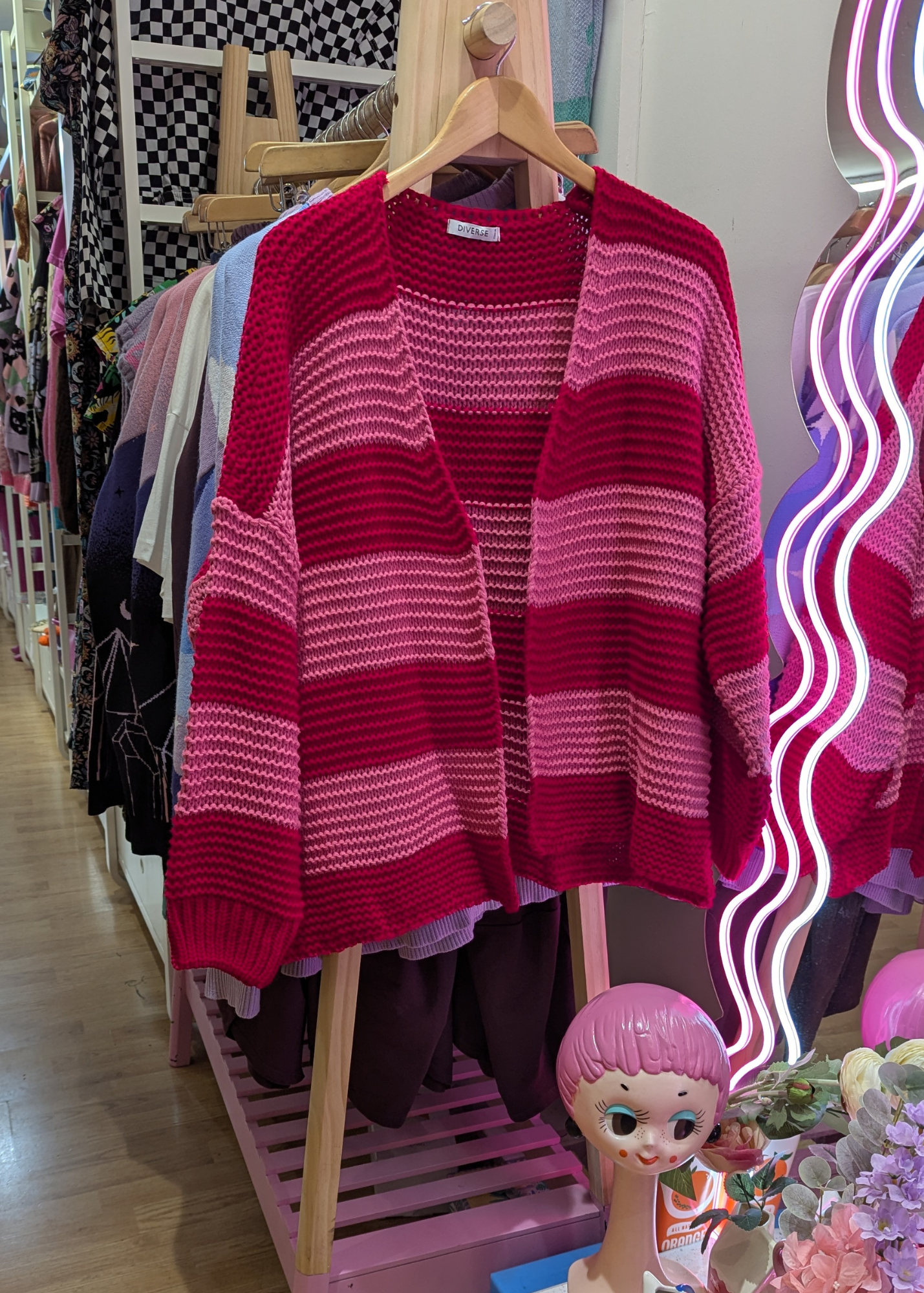 The Edit - Pink & Red Striped Knit Cardigan
