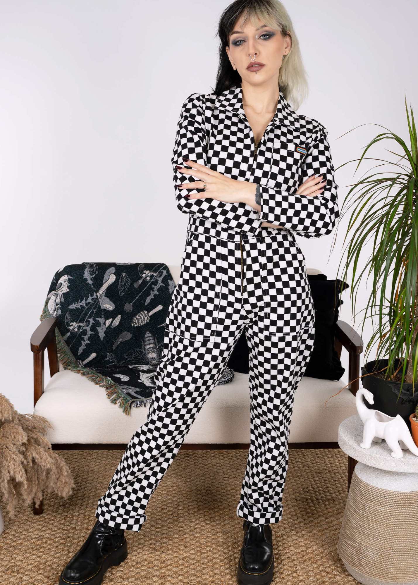 Run & Fly - Black & White Checkerboard Stretch Twill Boiler Suit