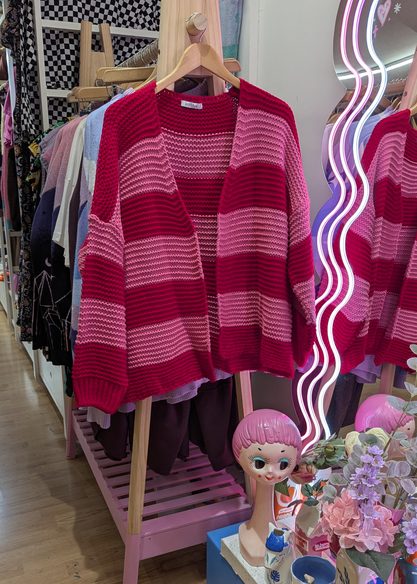 The Edit - Pink & Red Striped Knit Cardigan