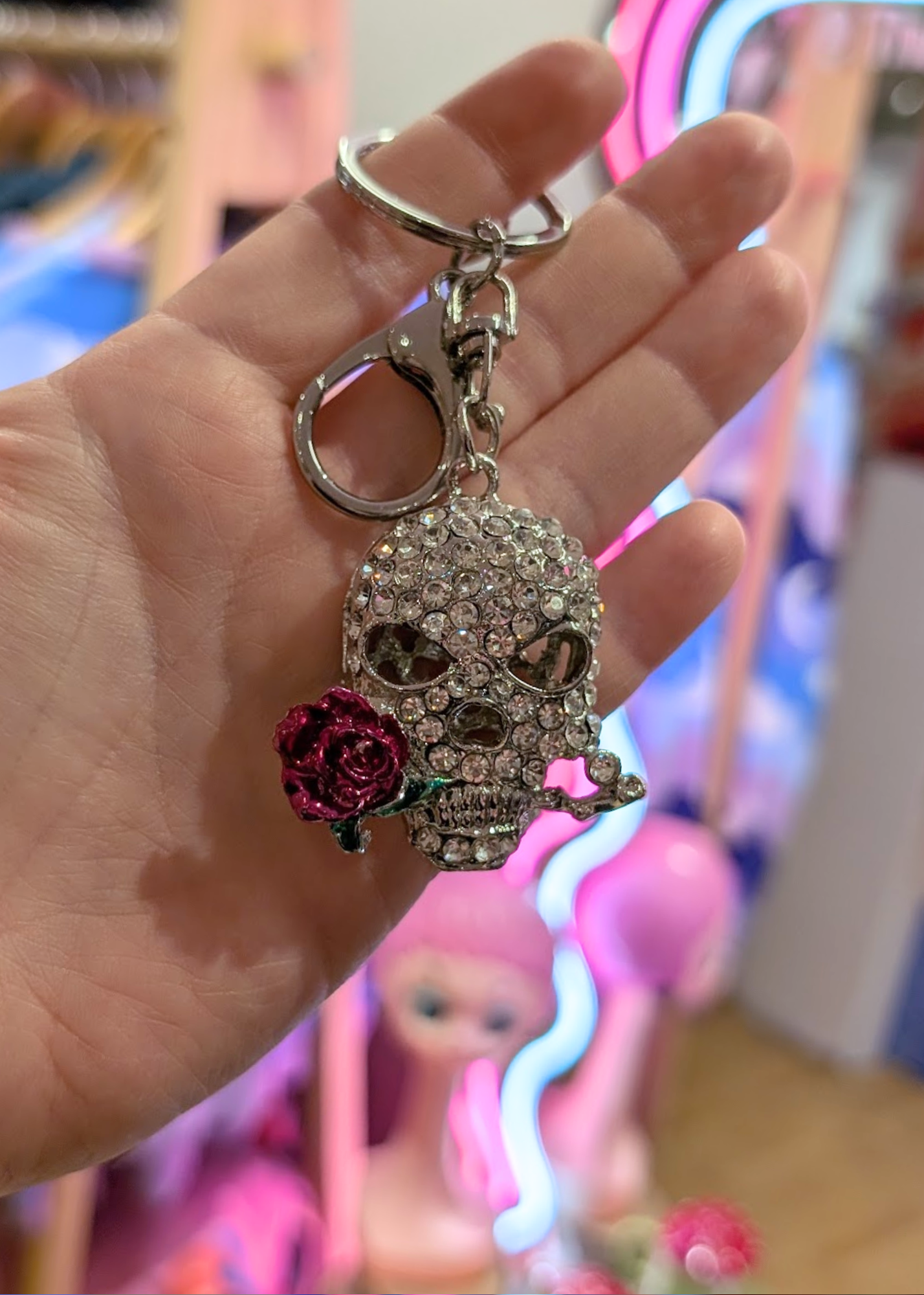 The Edit - Silver Skull Bag Charm Keyring with Pink Rose