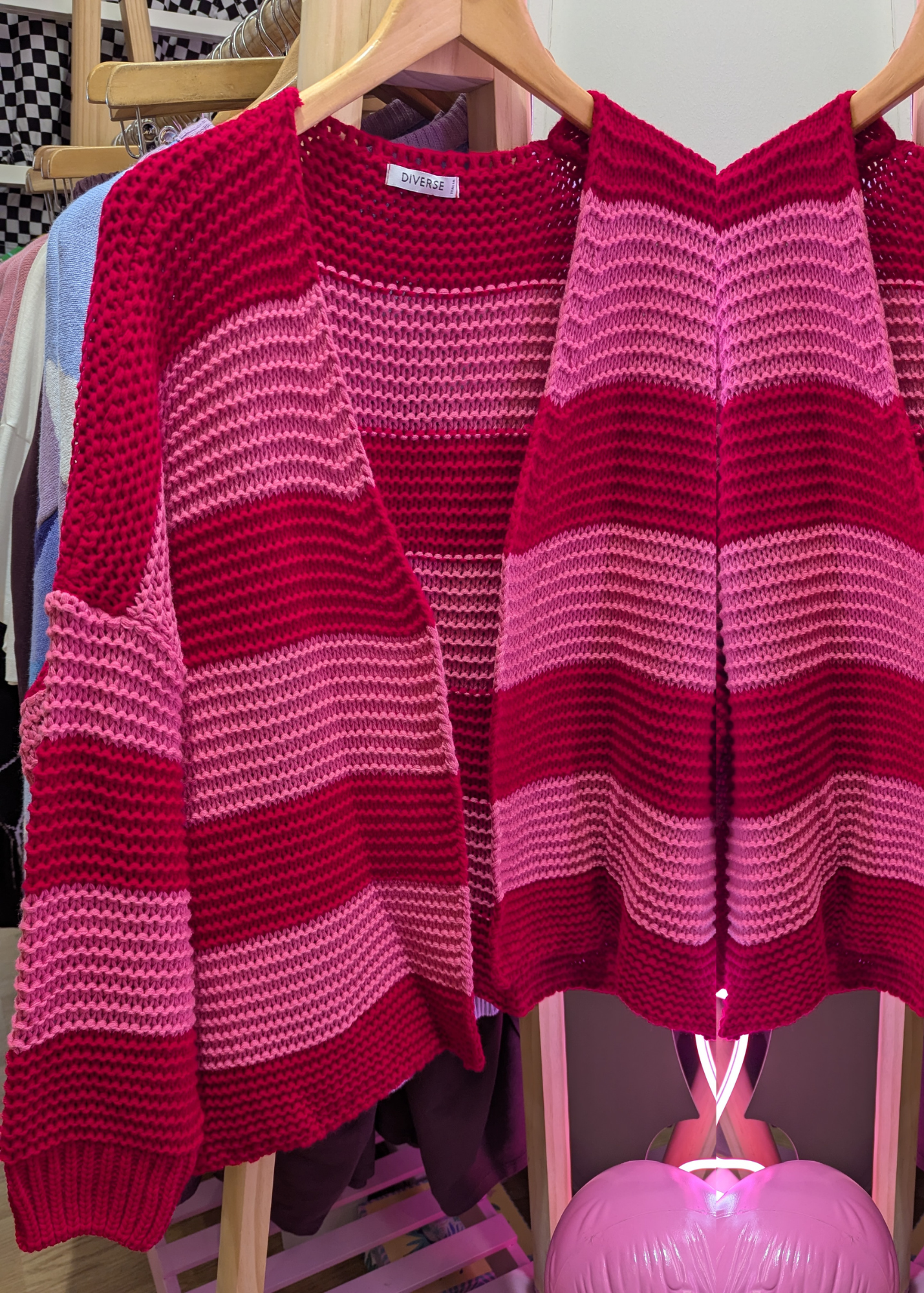 The Edit - Pink & Red Striped Knit Cardigan