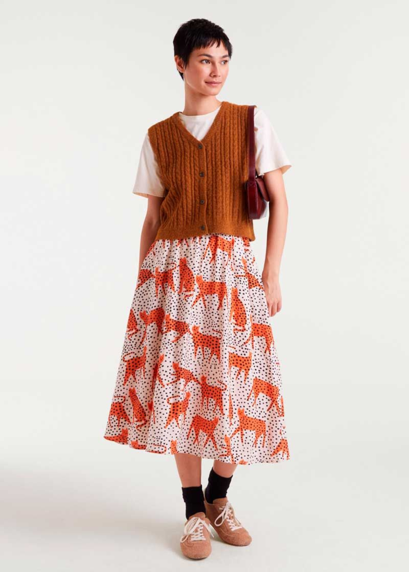 Compañia Fantastica - Cream and Black Spot Leopard Midi Skirt