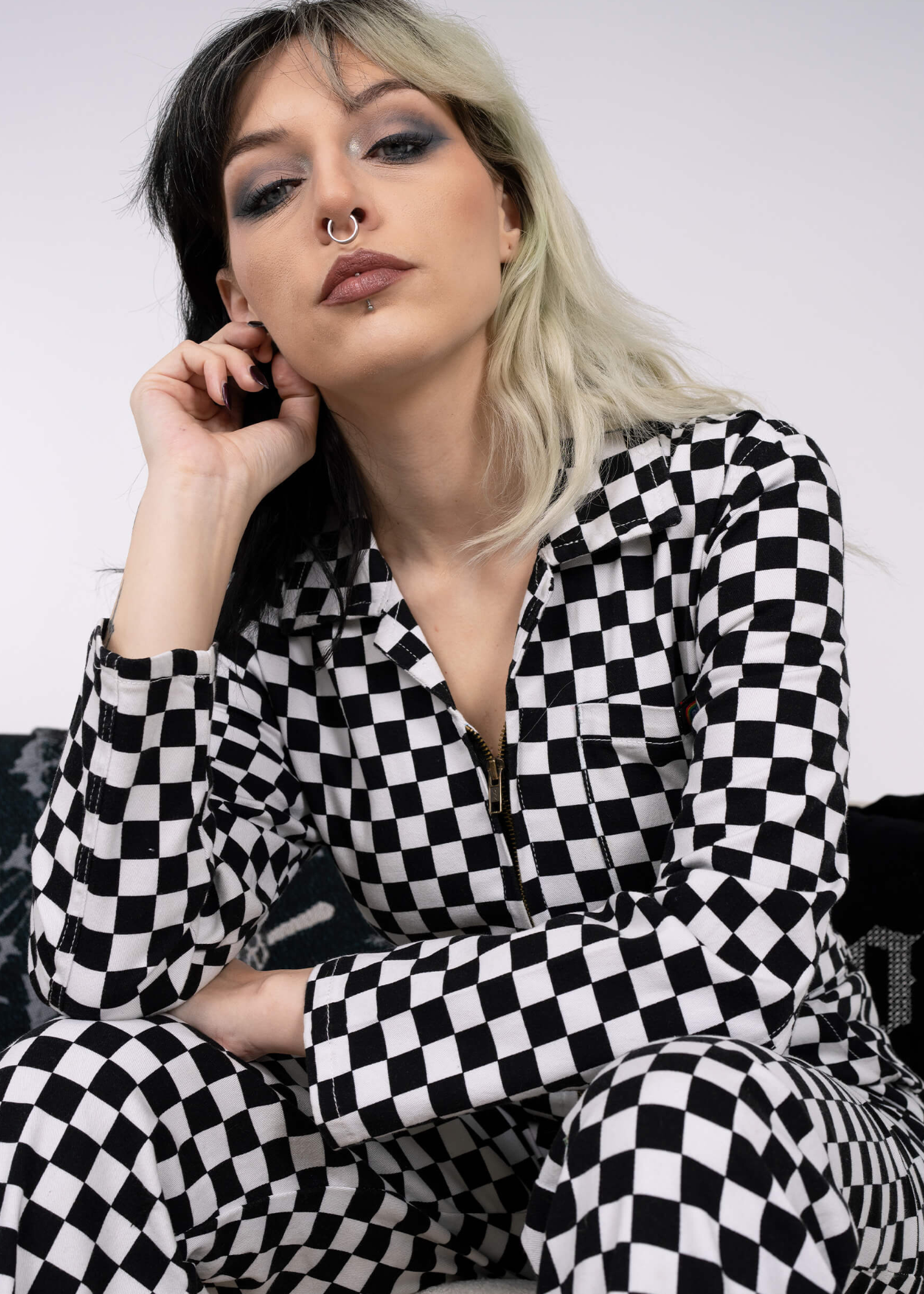 Run & Fly - Black & White Checkerboard Stretch Twill Boiler Suit