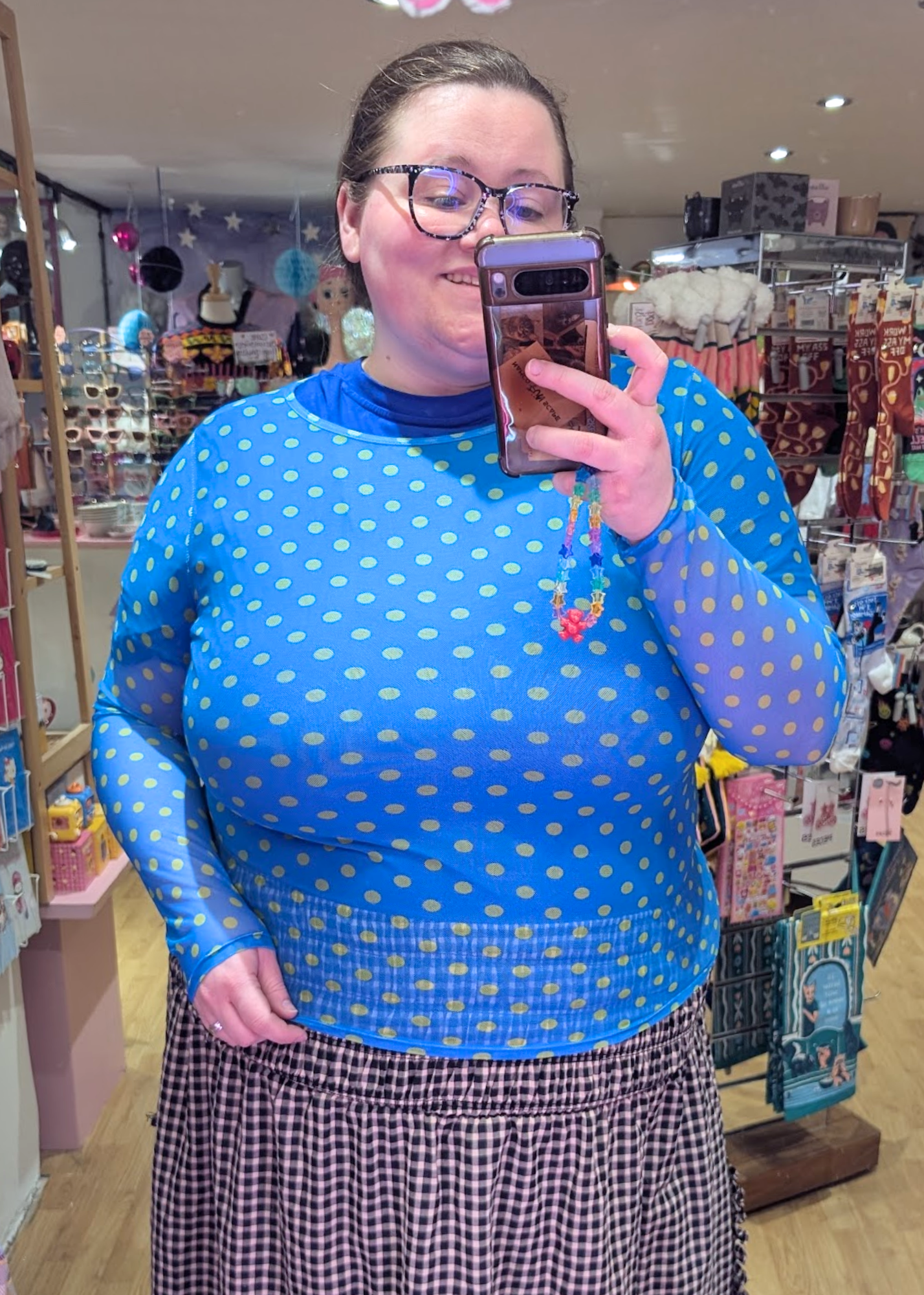 The Edit - Blue and Green Spot Mesh Top