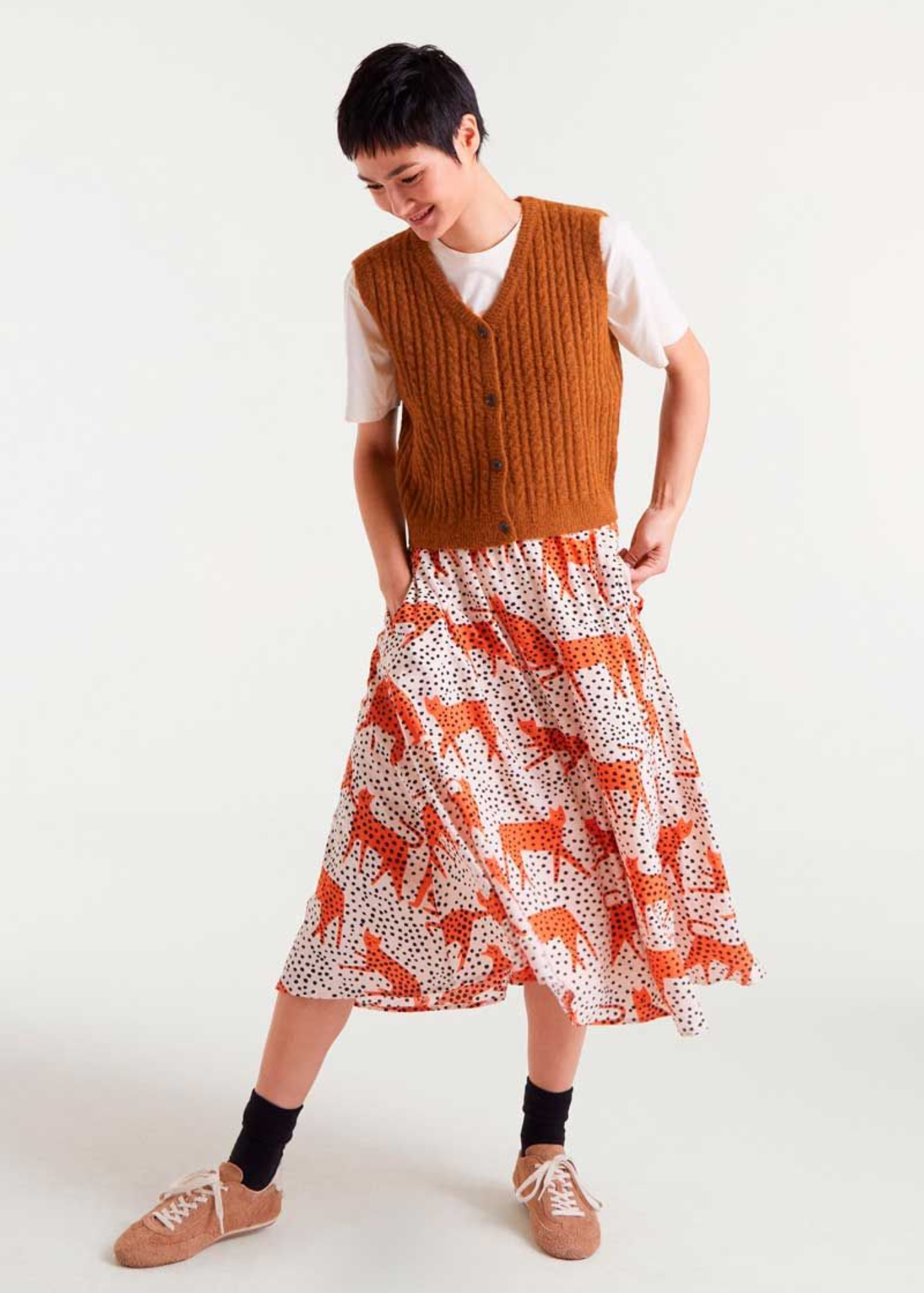 Compañia Fantastica - Cream and Black Spot Leopard Midi Skirt
