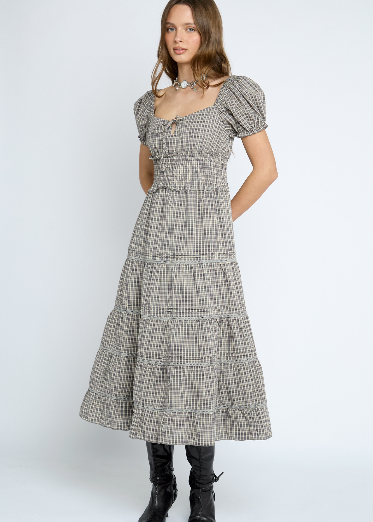 Daisy Street - Glaze Grey Check Midi Dress
