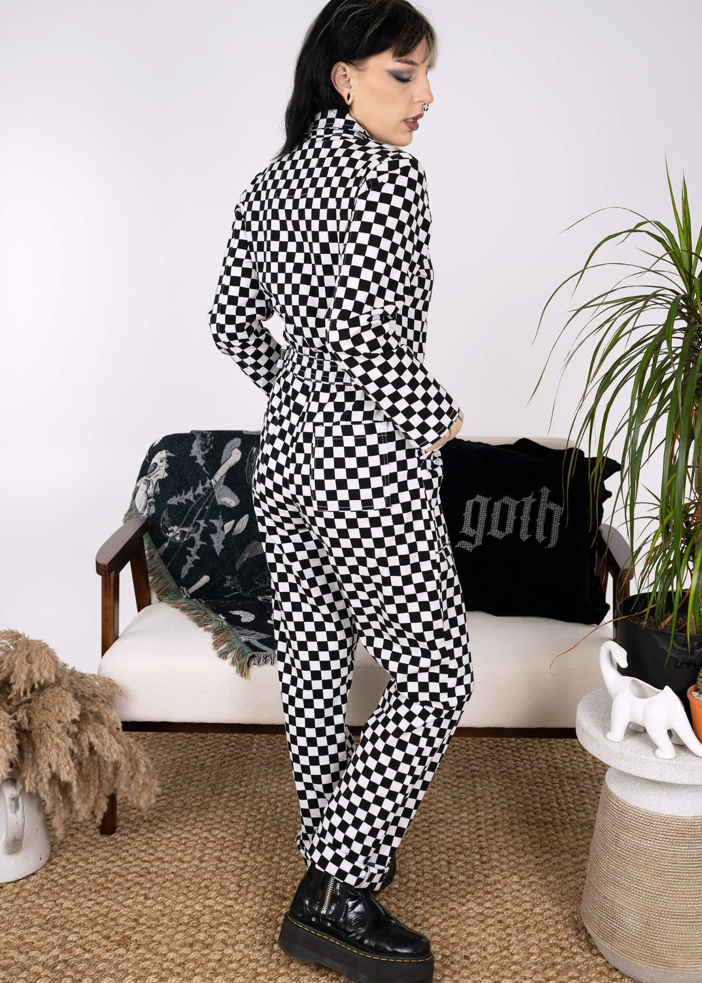 Run & Fly - Black & White Checkerboard Stretch Twill Boiler Suit