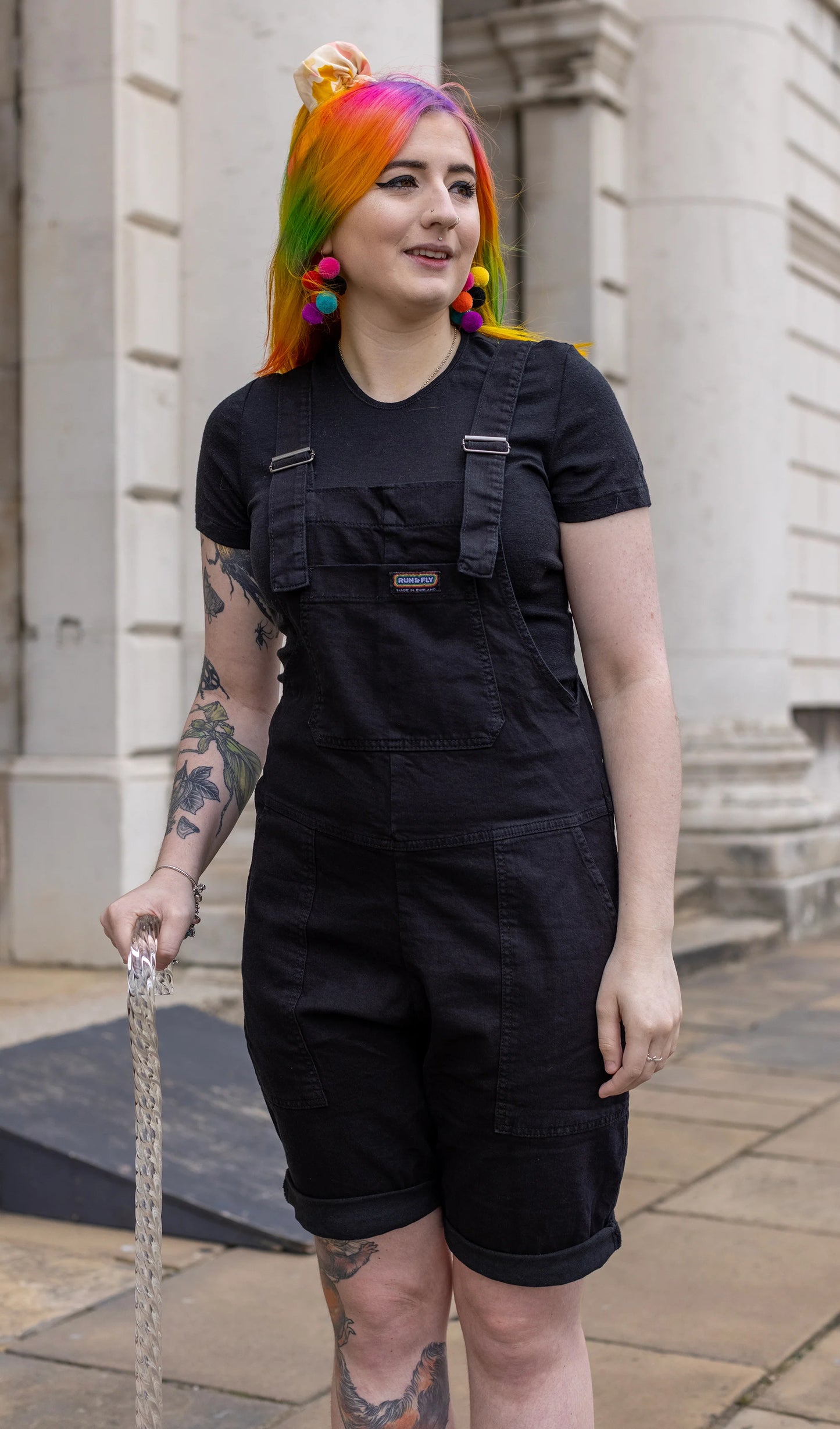 Run & Fly - Black Denim Stretch Dungaree Shorts
